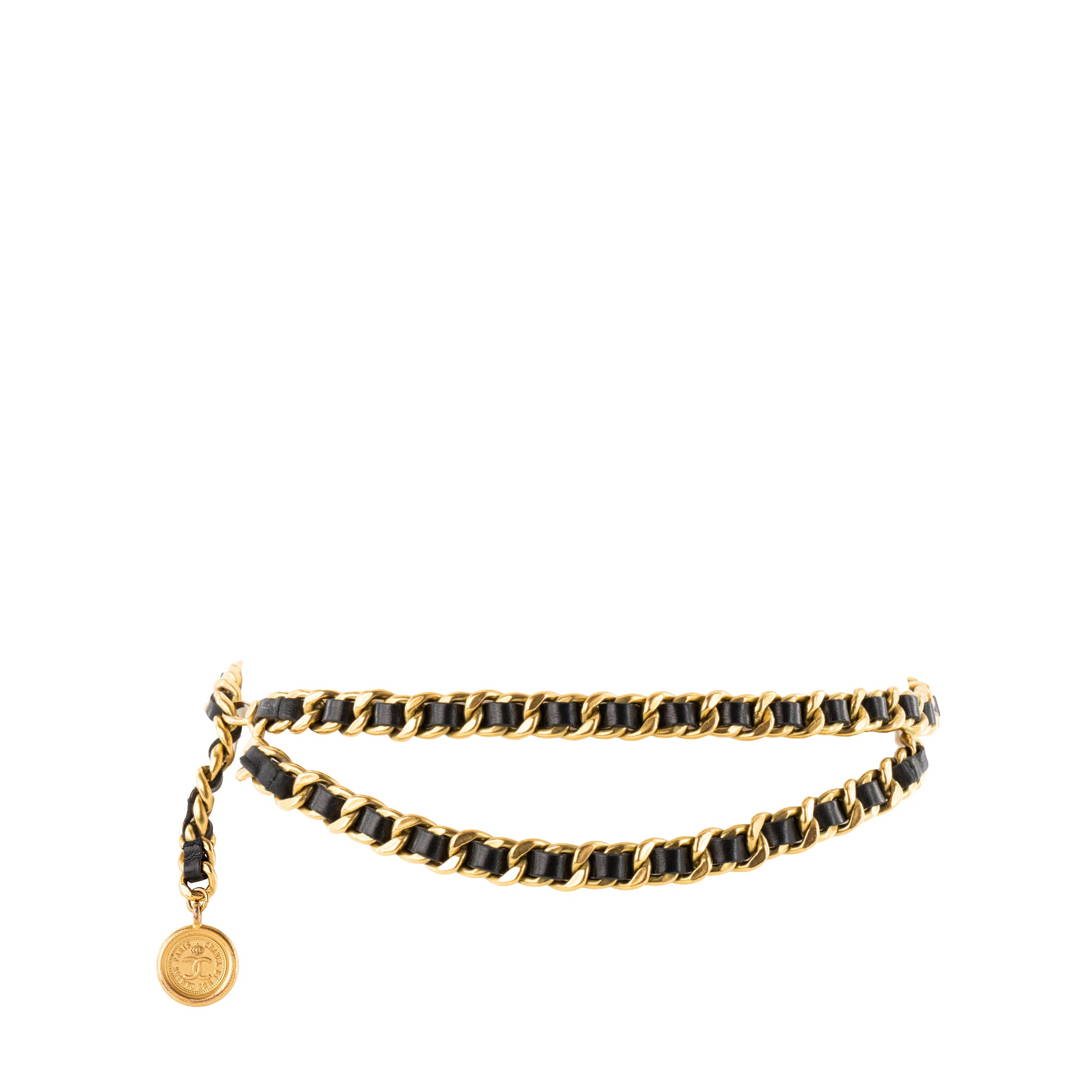 CHANEL - Ceinture Médaillon Chanel en chaîne dorée et cuir lisse noir vintage
