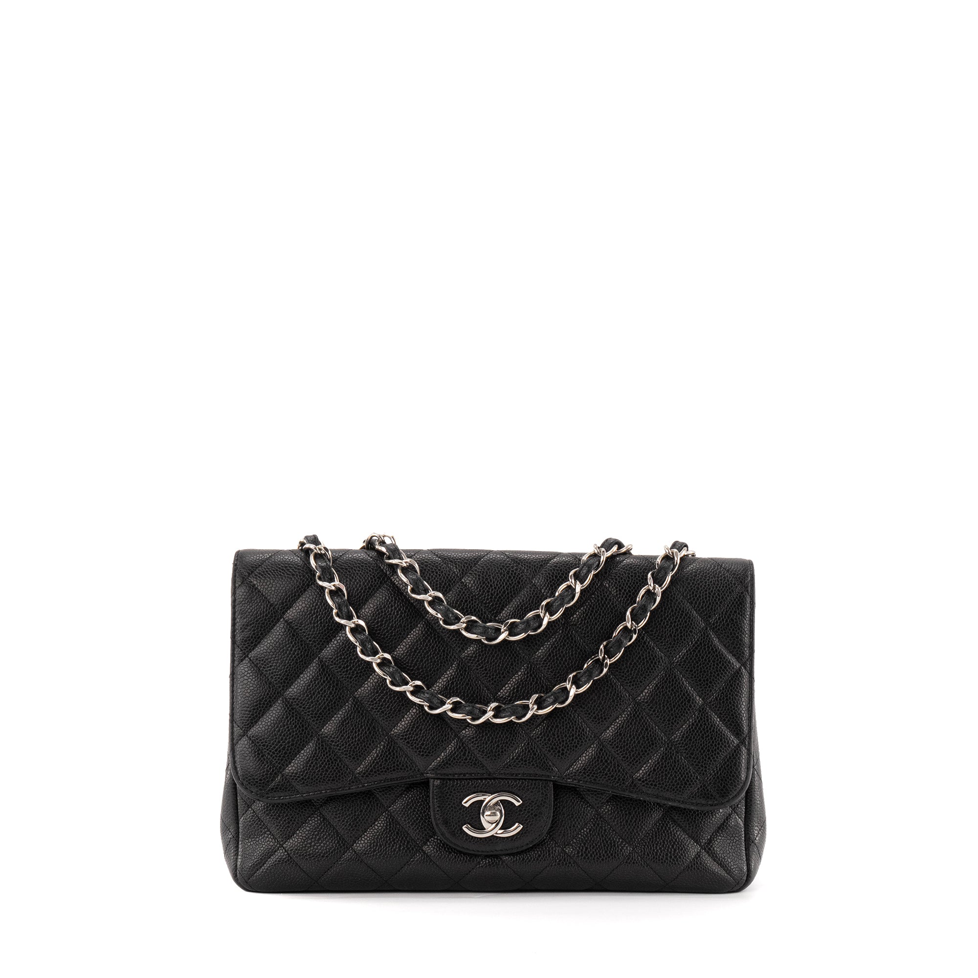 CHANEL - Sac à bandoulière Classique/Timeless Jumbo simple flap Chanel en cuir caviar noir