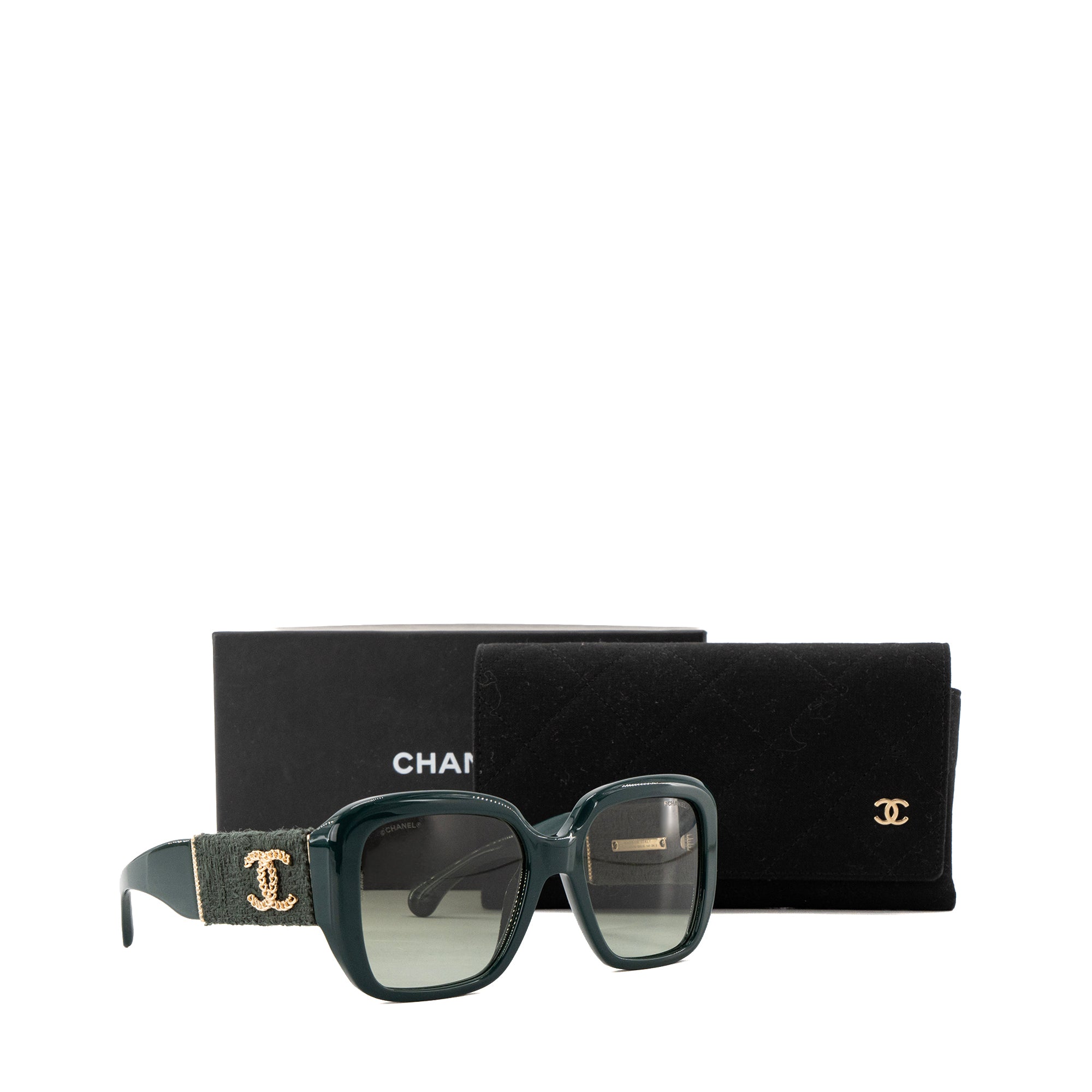 CHANEL - Lunettes de soleil Chanel en acétate et tweed vert