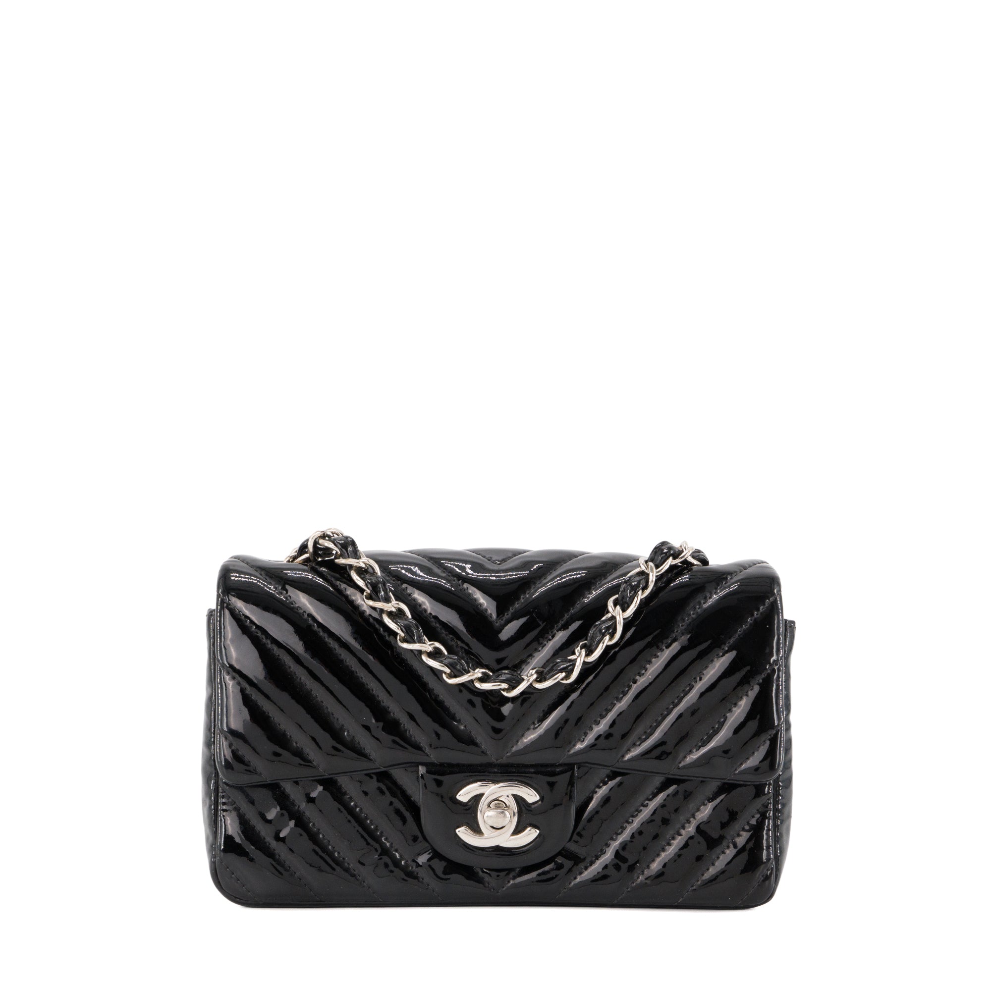 CHANEL - Sac à bandoulière Classique/Timeless Mini Rectangle Chanel en cuir chevron verni noir