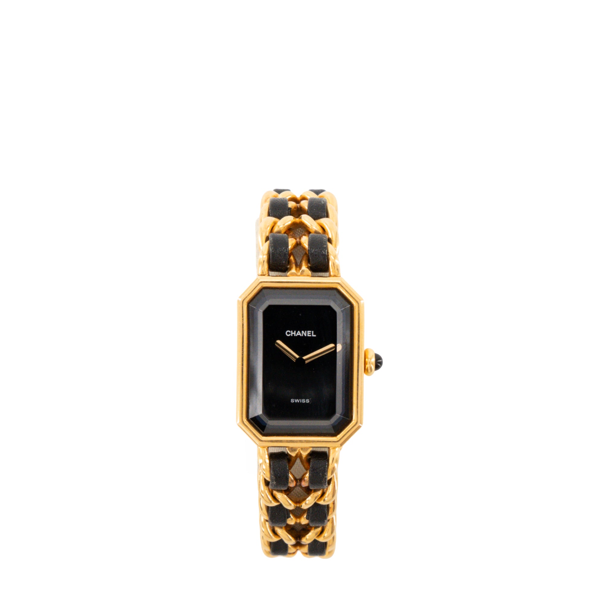 CHANEL - Montre Première Chanel en plaqué or et cuir noir (S)