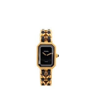 CHANEL - Montre Première Chanel en plaqué or et cuir noir (S)