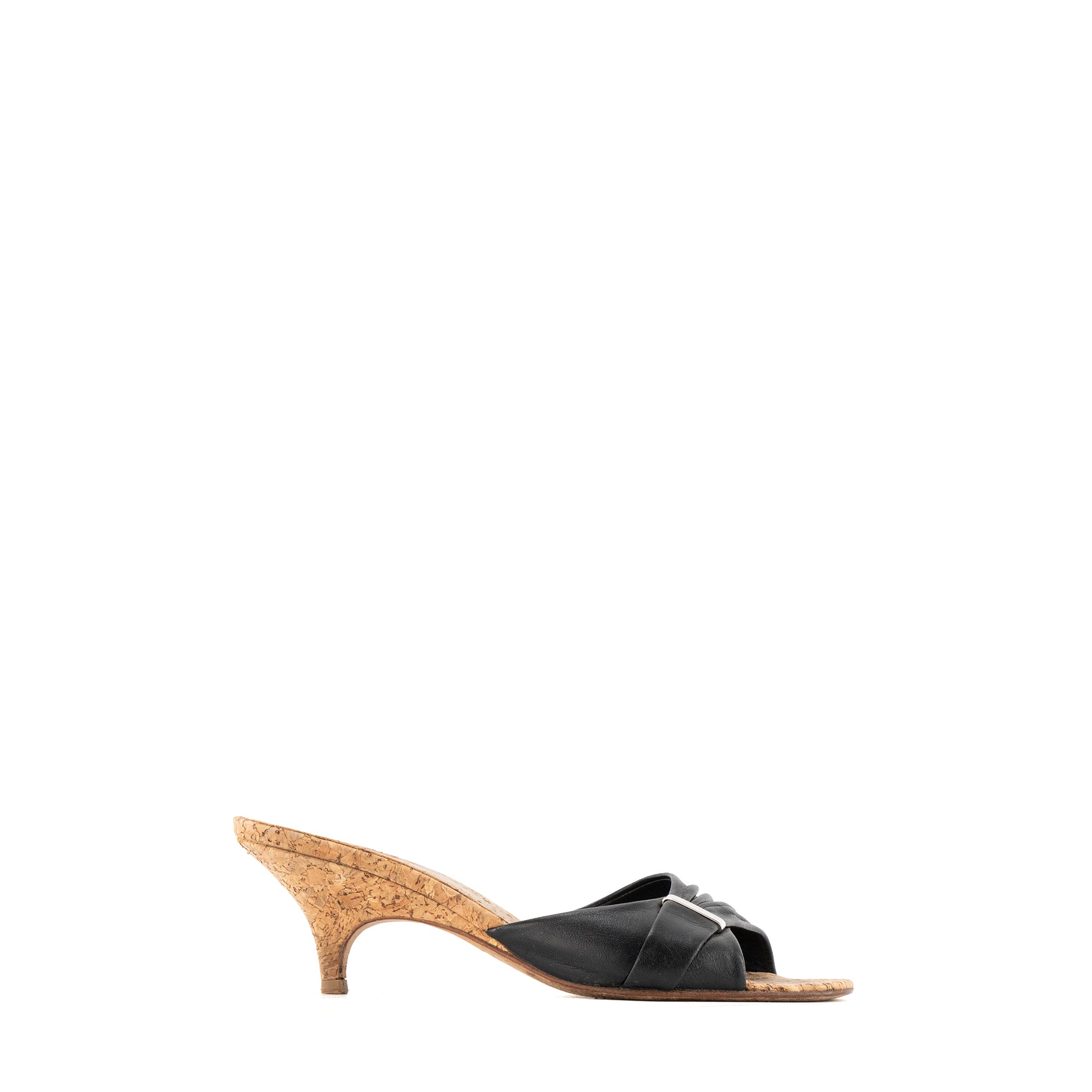 CHANEL - Mules à talons Chanel en cuir noir et liège marron (T37)