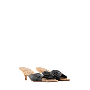 CHANEL - Mules à talons Chanel en cuir noir et liège marron (T37)