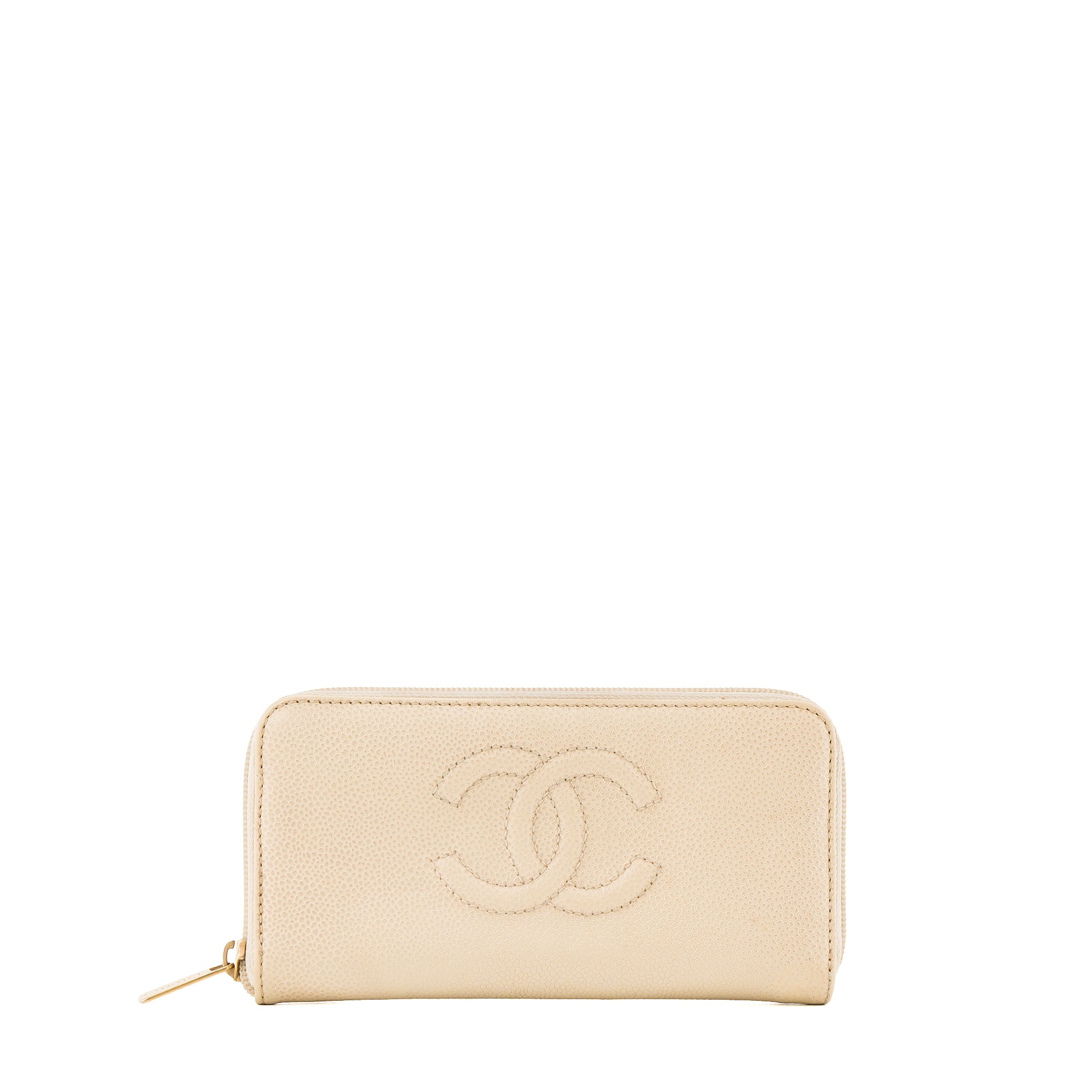 CHANEL - Portefeuille Long Zip Chanel en cuir grainé écru
