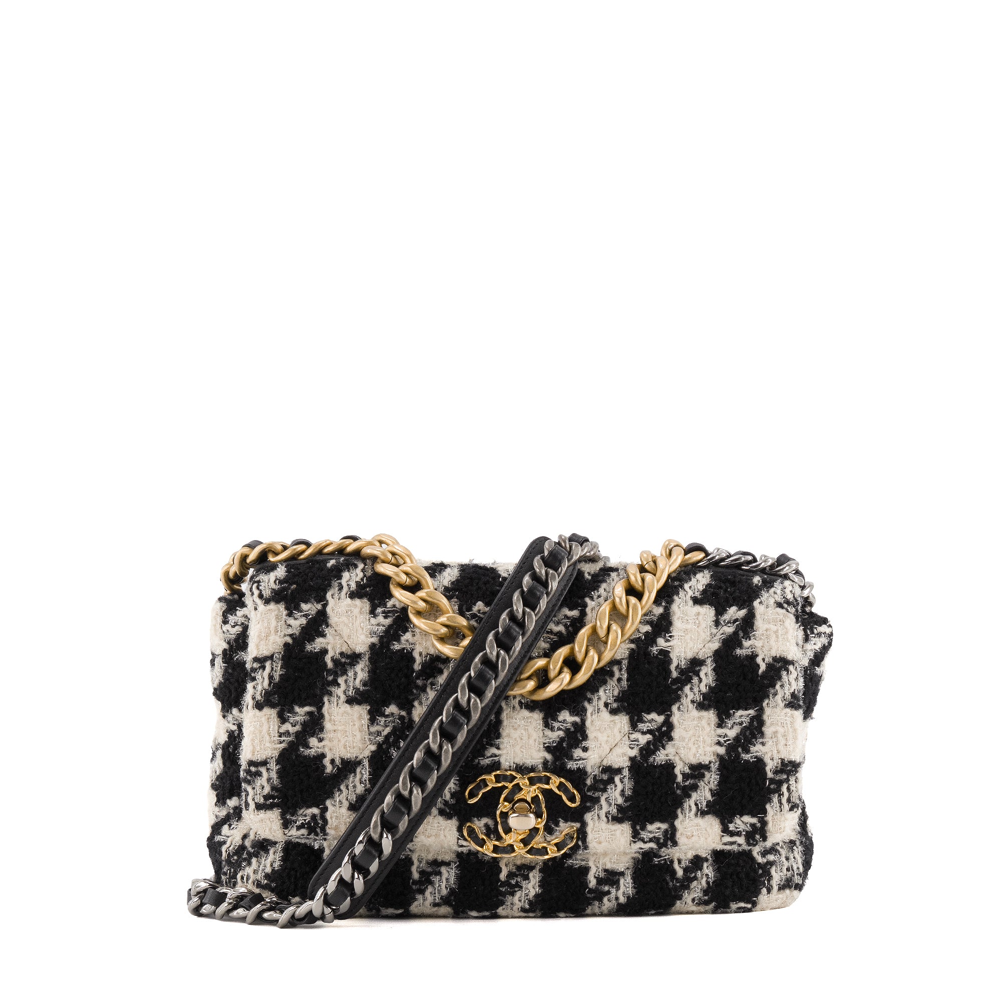 CHANEL - Sac à bandoulière 19 Chanel en tweed noire et blanche