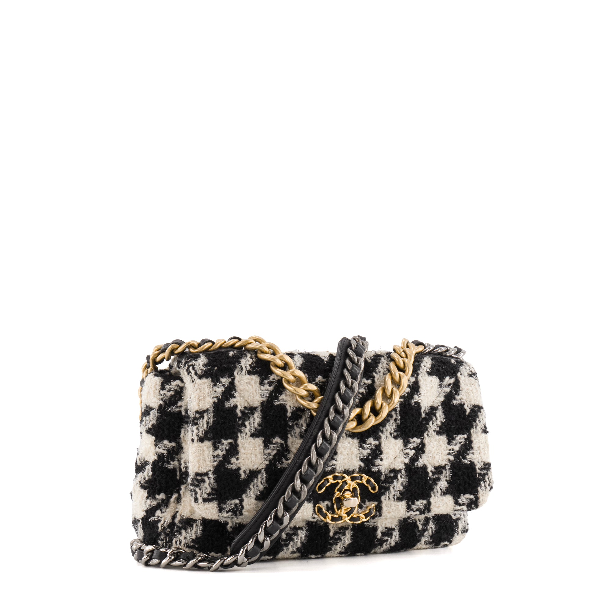 CHANEL - Sac à bandoulière 19 Chanel en tweed noire et blanche