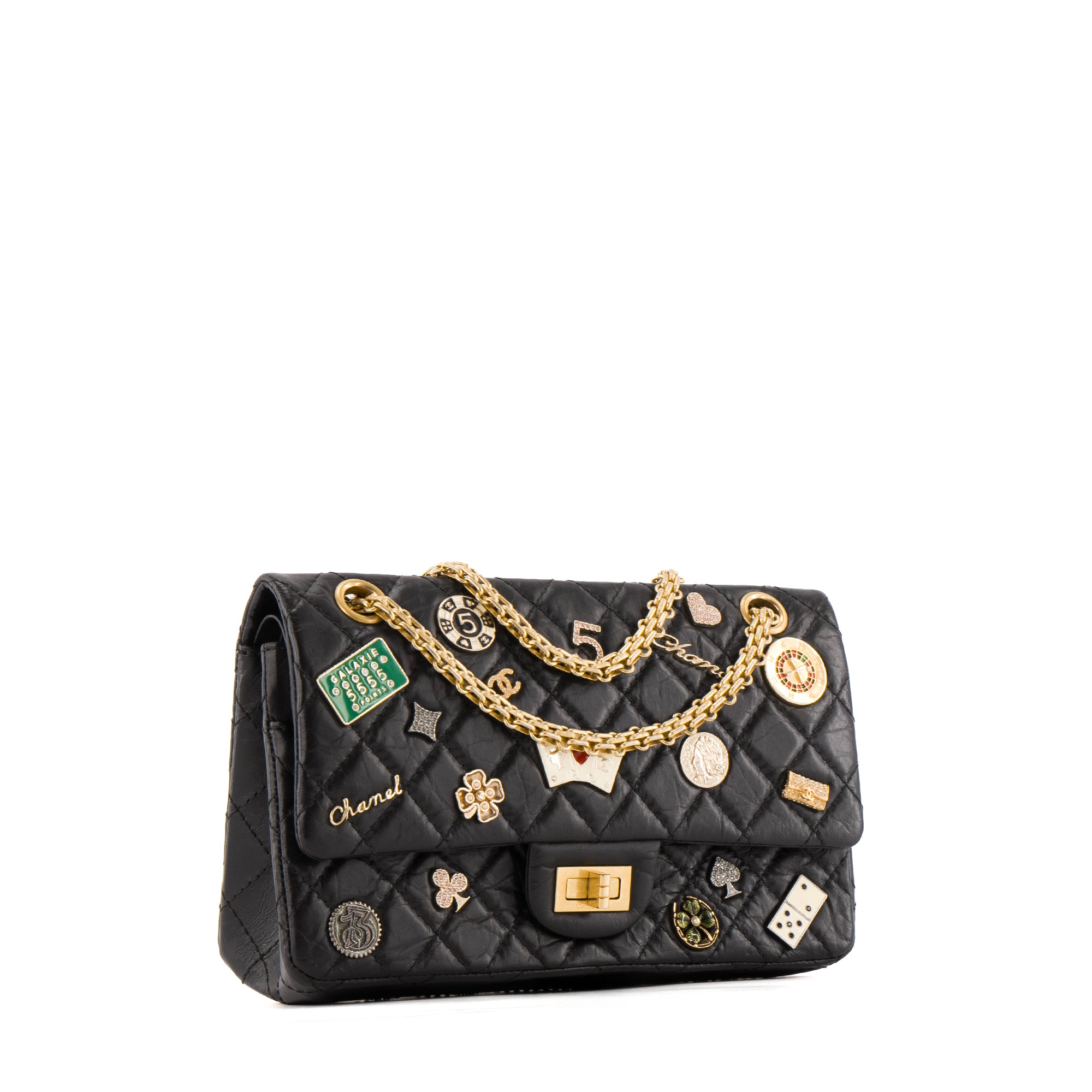 CHANEL - Sac à bandoulière 2.55 Casino Lucky Charms Chanel en cuir froissé noir
