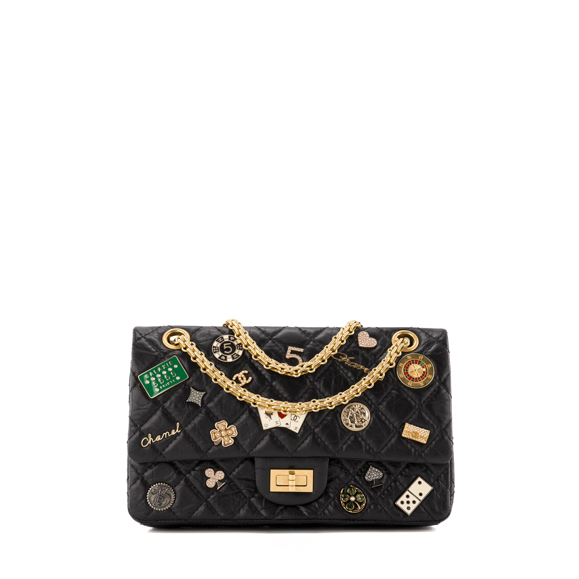 CHANEL - Sac à bandoulière 2.55 Casino Lucky Charms Chanel en cuir froissé noir