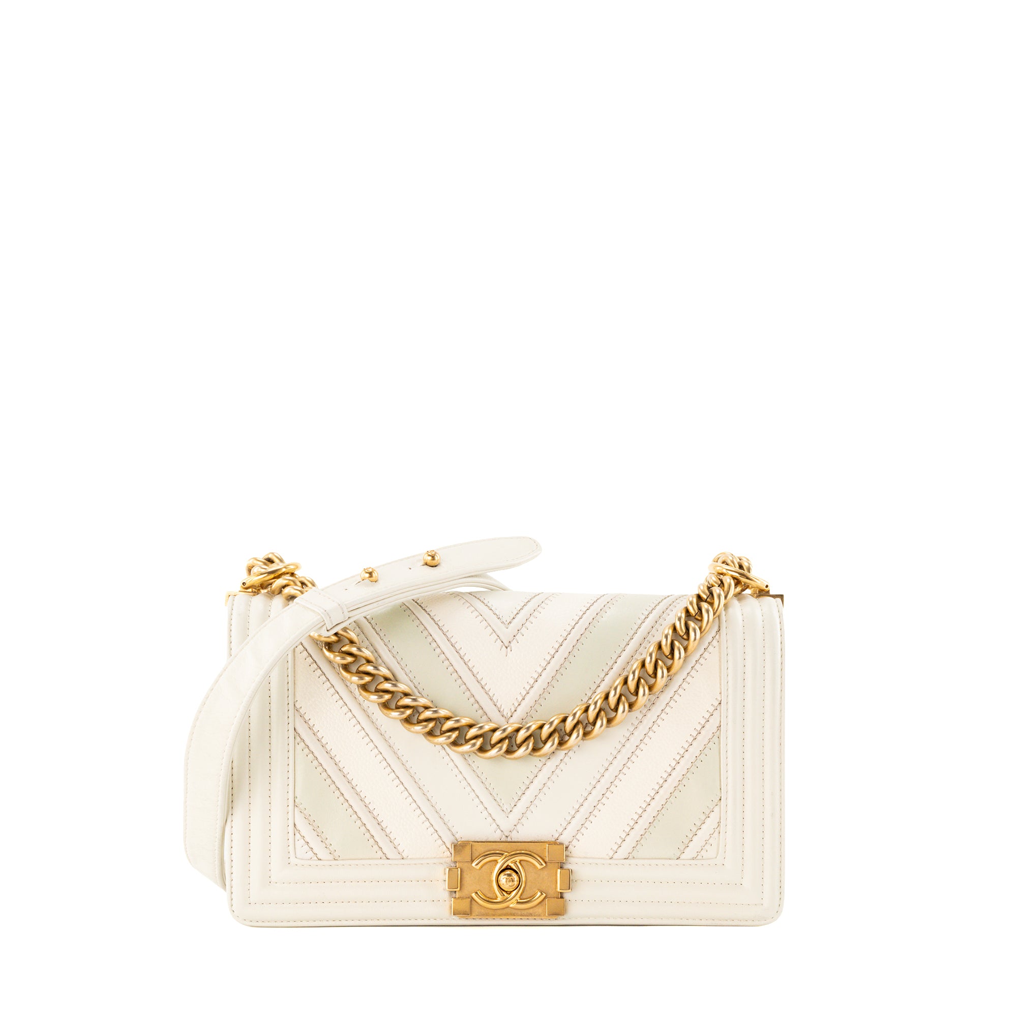 CHANEL - Sac à bandoulière Boy Chanel en cuir caviar et cuir lisse blanc