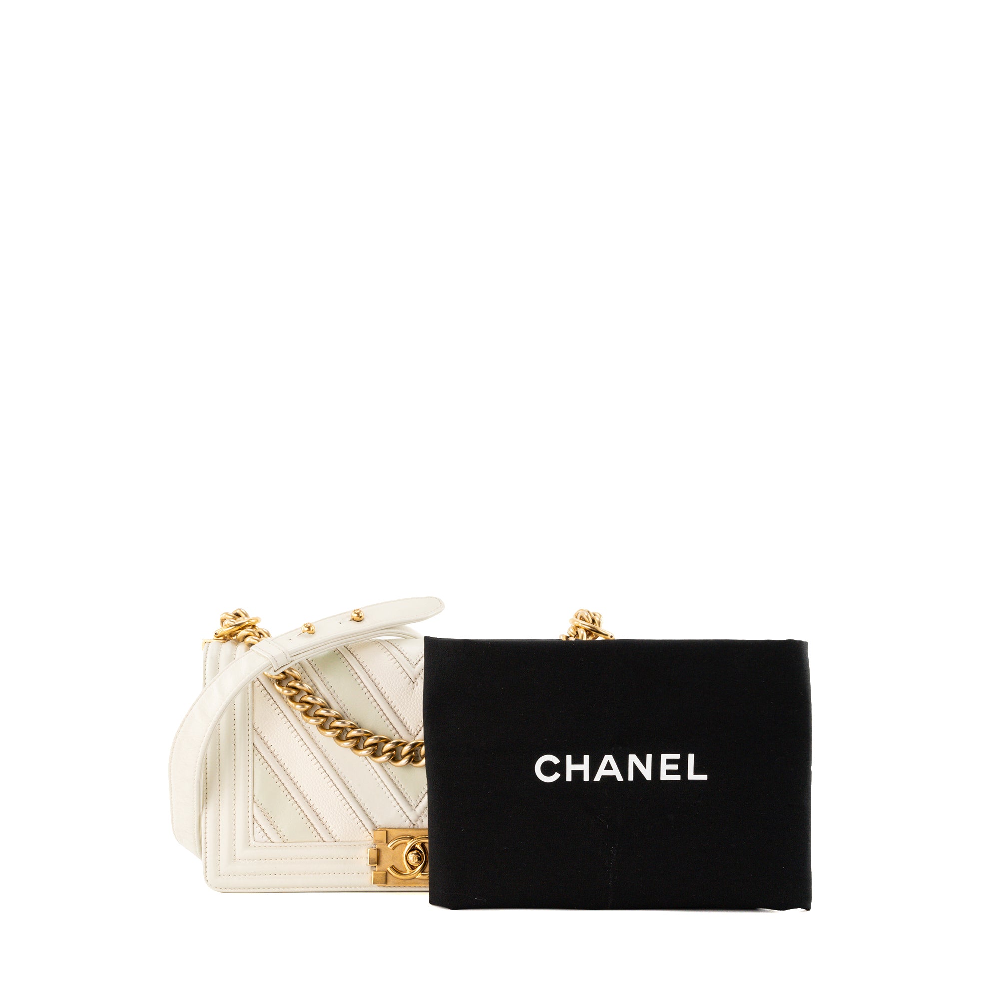 CHANEL - Sac à bandoulière Boy Chanel en cuir caviar et cuir lisse blanc