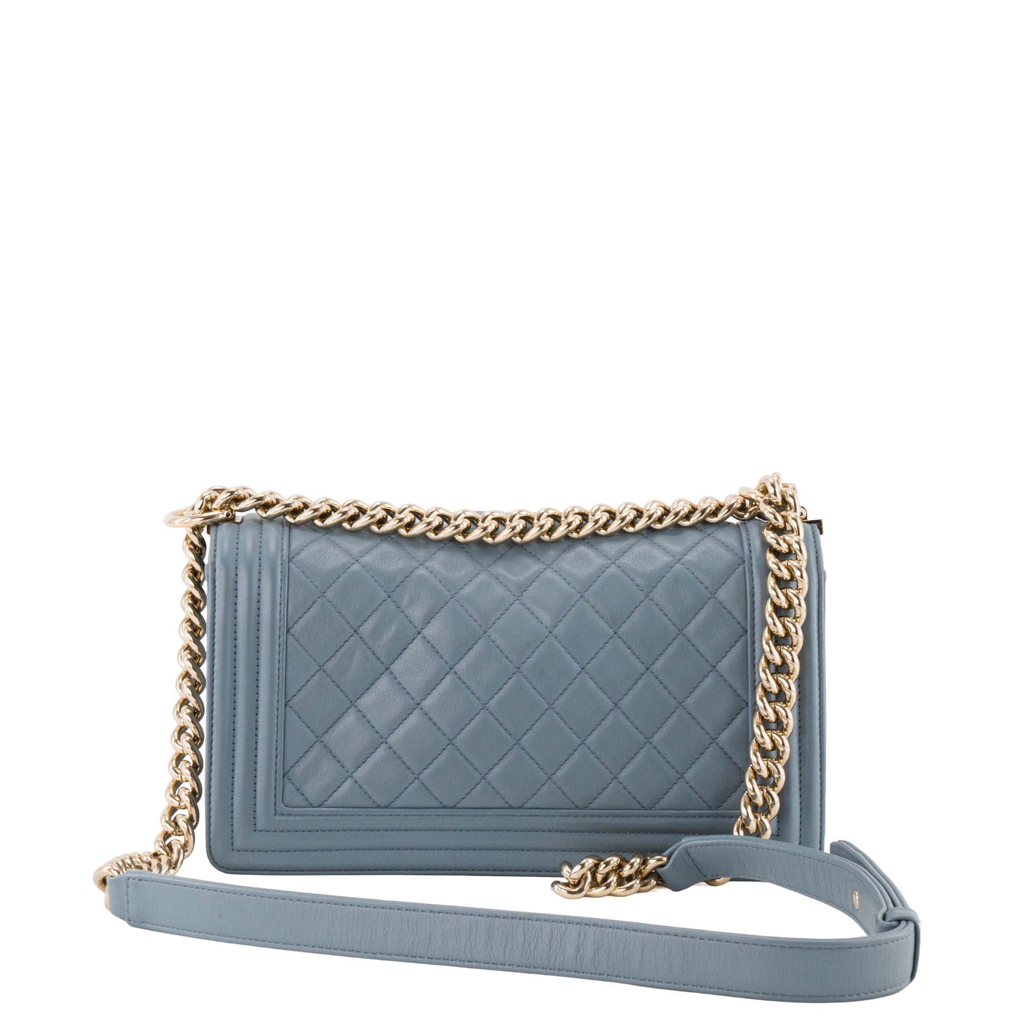 CHANEL - Sac à bandoulière Boy Chanel en cuir lisse bleu gris