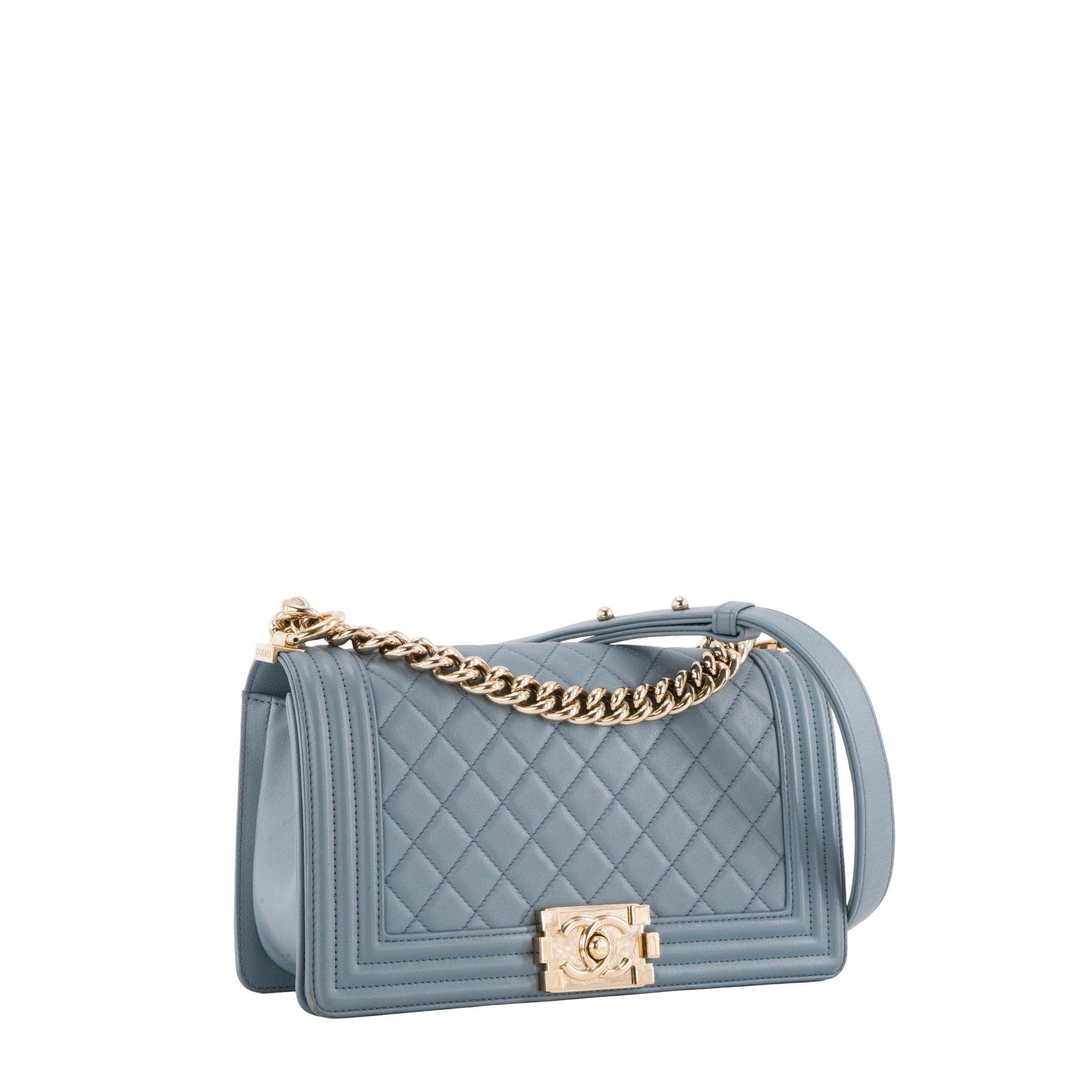 CHANEL - Sac à bandoulière Boy Chanel en cuir lisse bleu gris