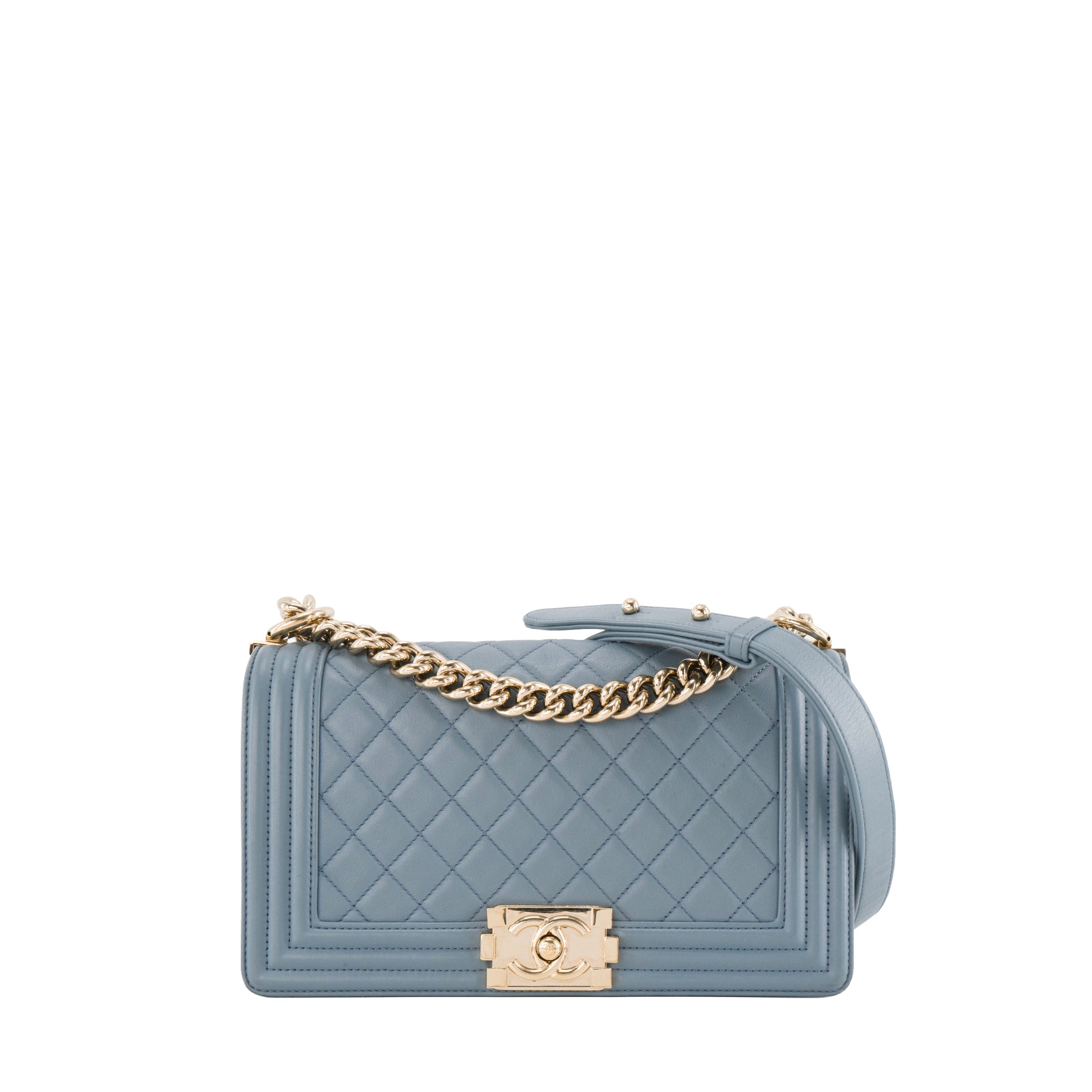 CHANEL - Sac à bandoulière Boy Chanel en cuir lisse bleu gris