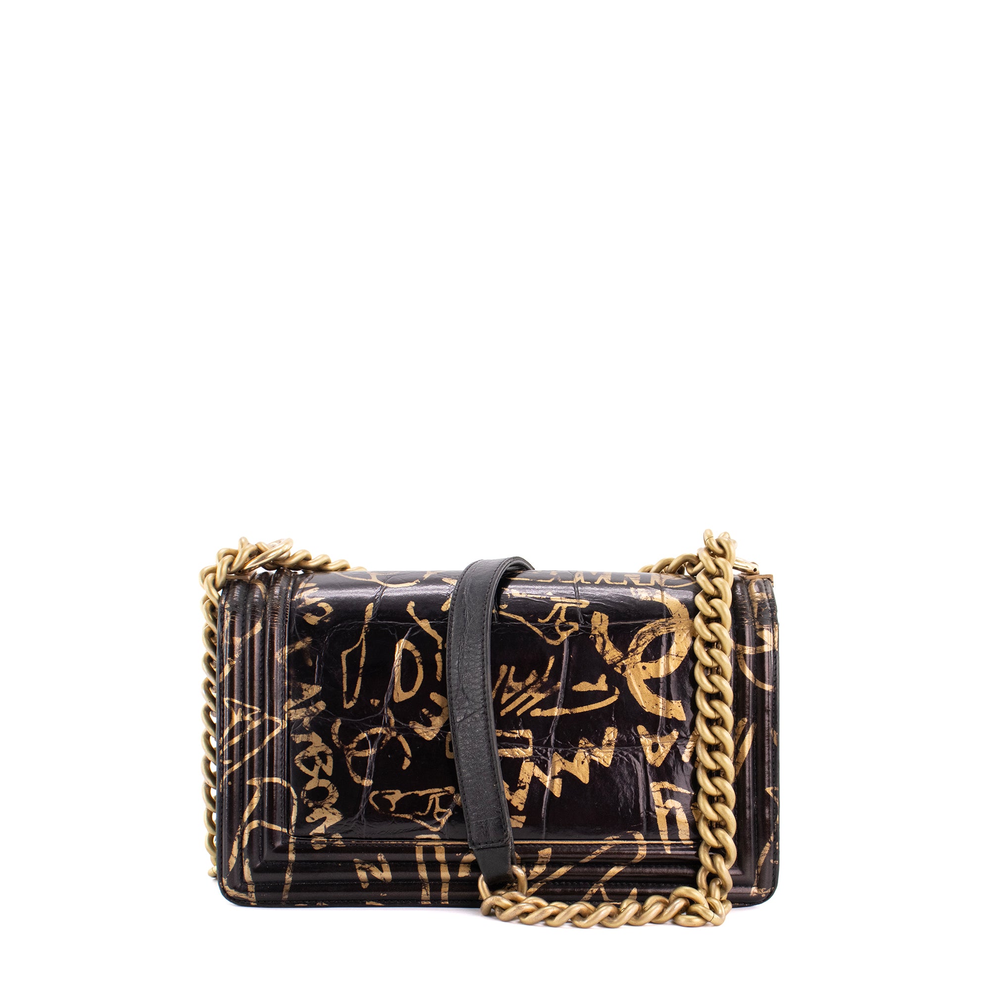 CHANEL - Sac à bandoulière Boy Graffiti Chanel en cuir embossé croco noir