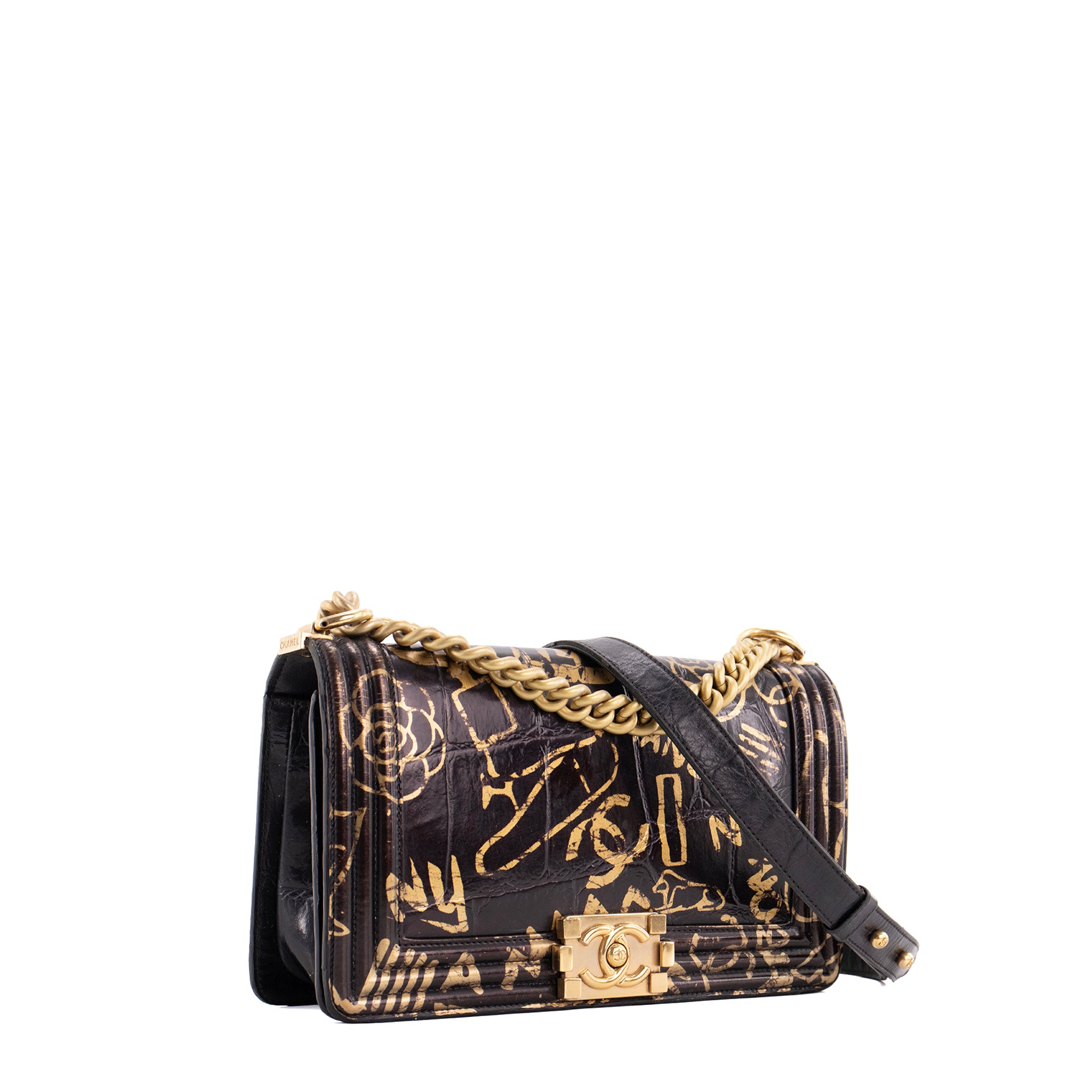 CHANEL - Sac à bandoulière Boy Graffiti Chanel en cuir embossé croco noir