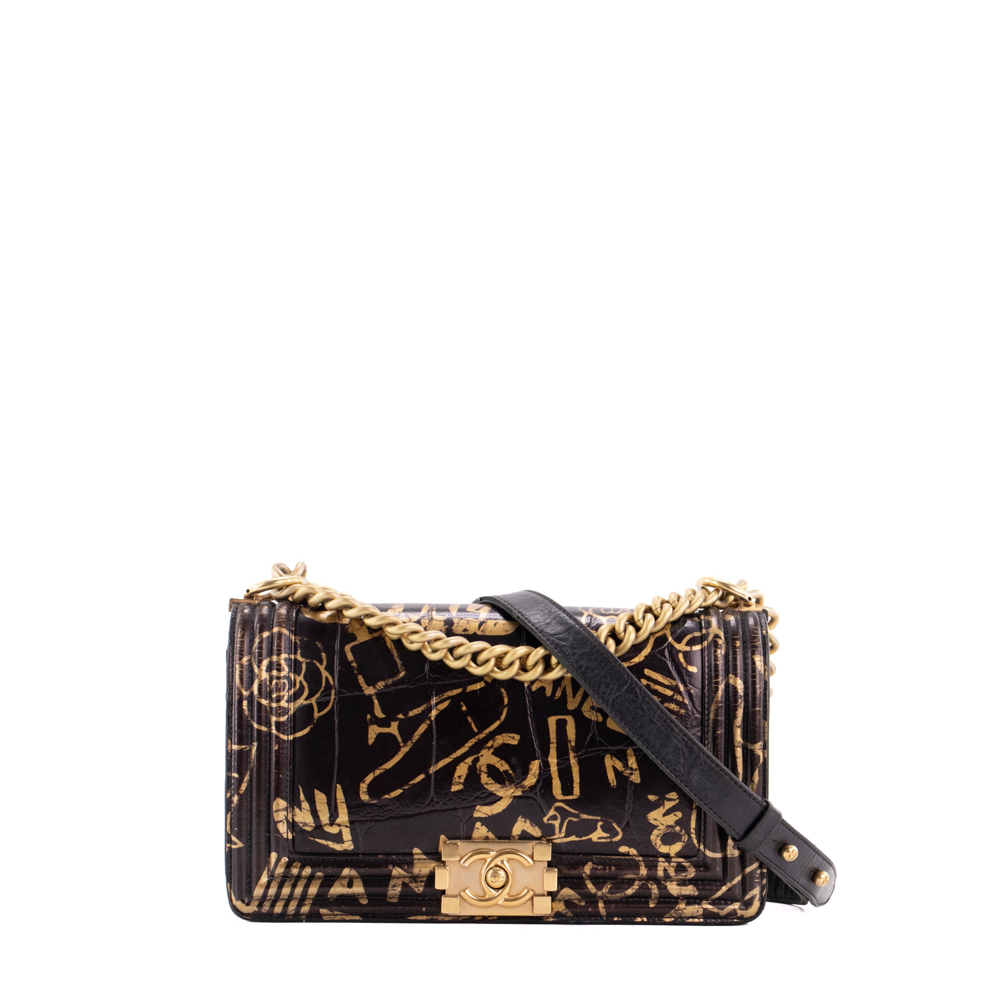 CHANEL - Sac à bandoulière Boy Graffiti Chanel en cuir embossé croco noir
