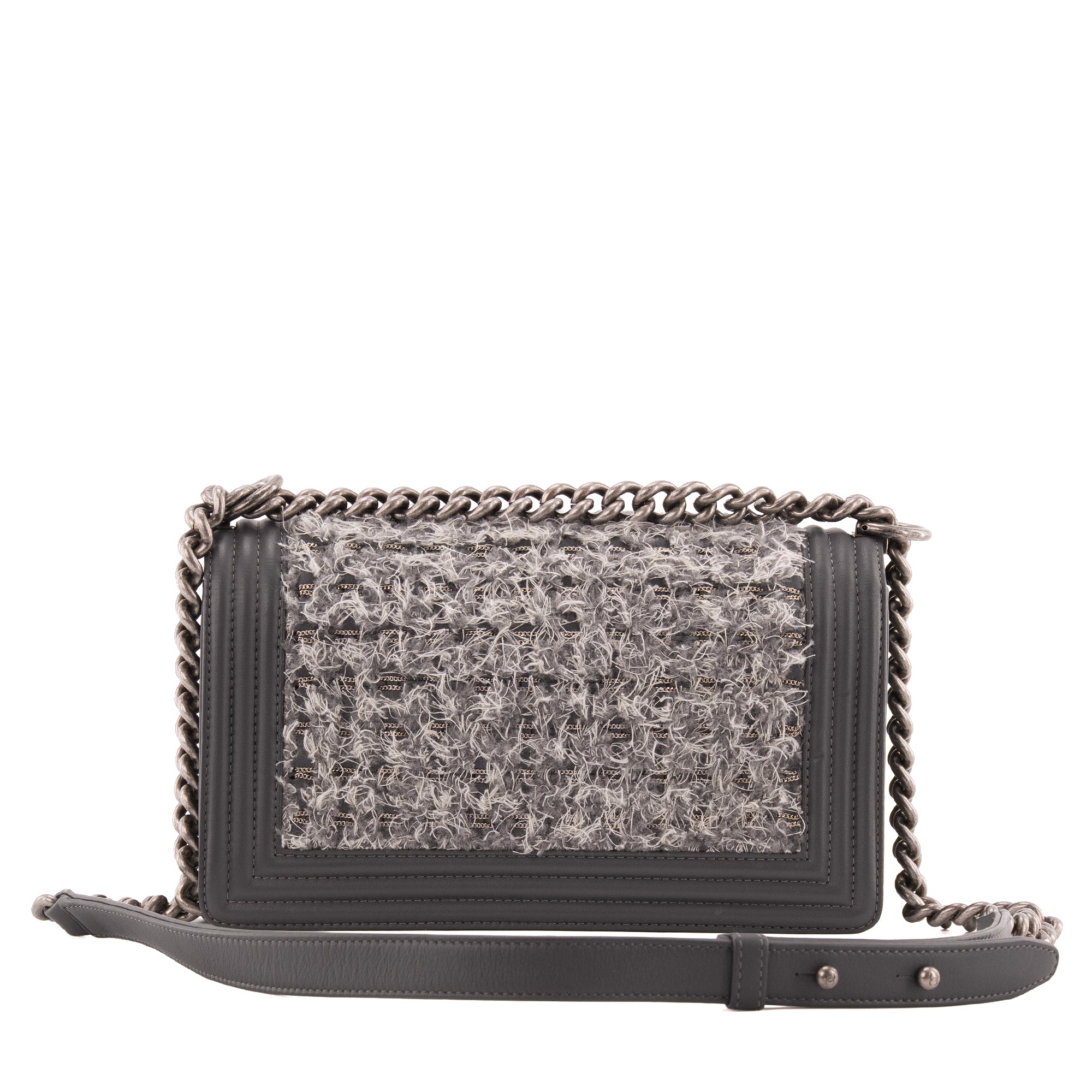 CHANEL - Sac à bandoulière Boy medium Chanel en cuir et tweed gris tweed édition limitée