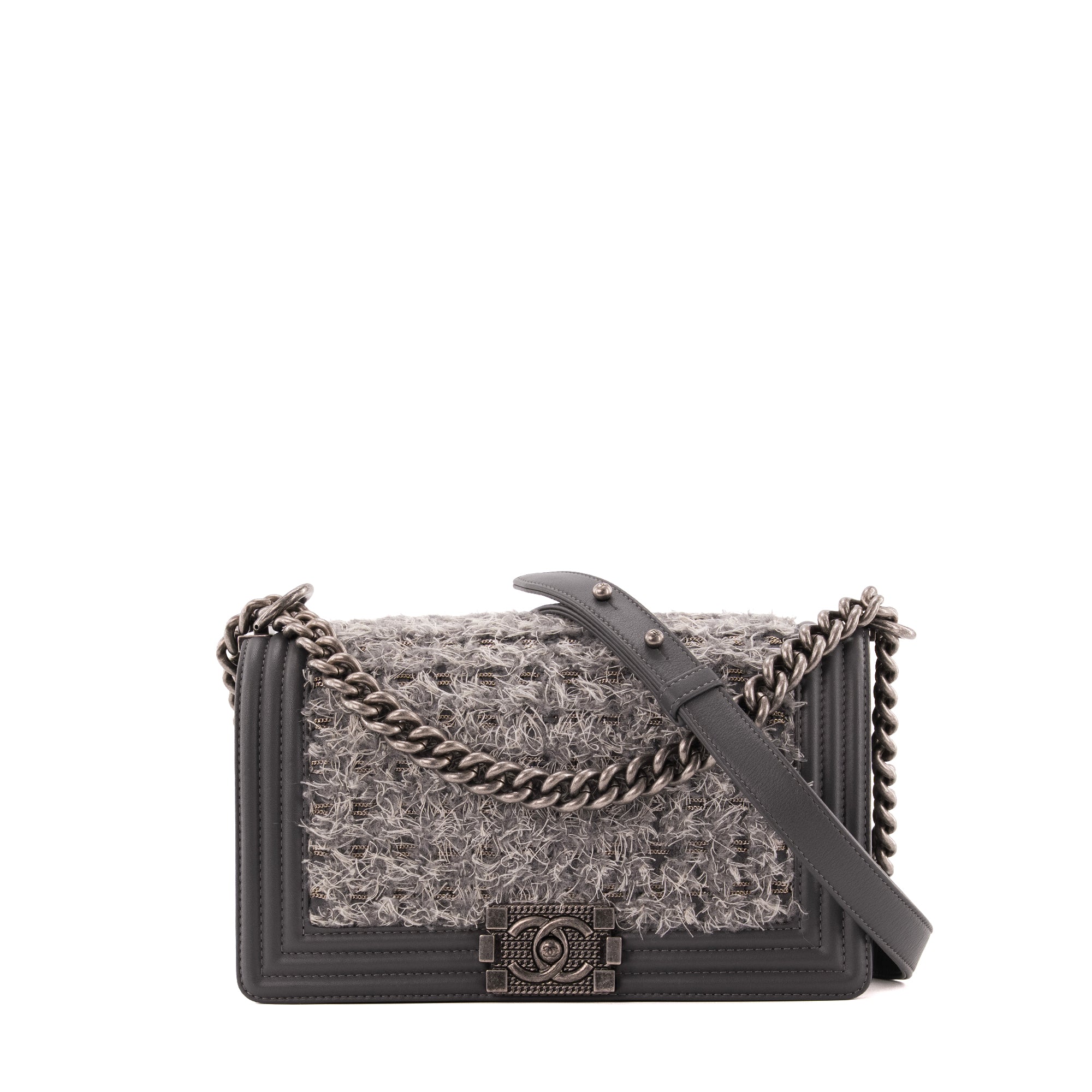CHANEL - Sac à bandoulière Boy medium Chanel en cuir et tweed gris tweed édition limitée