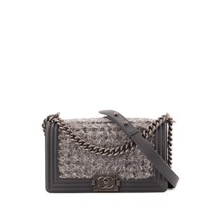 CHANEL - Sac à bandoulière Boy medium Chanel en cuir et tweed gris tweed édition limitée