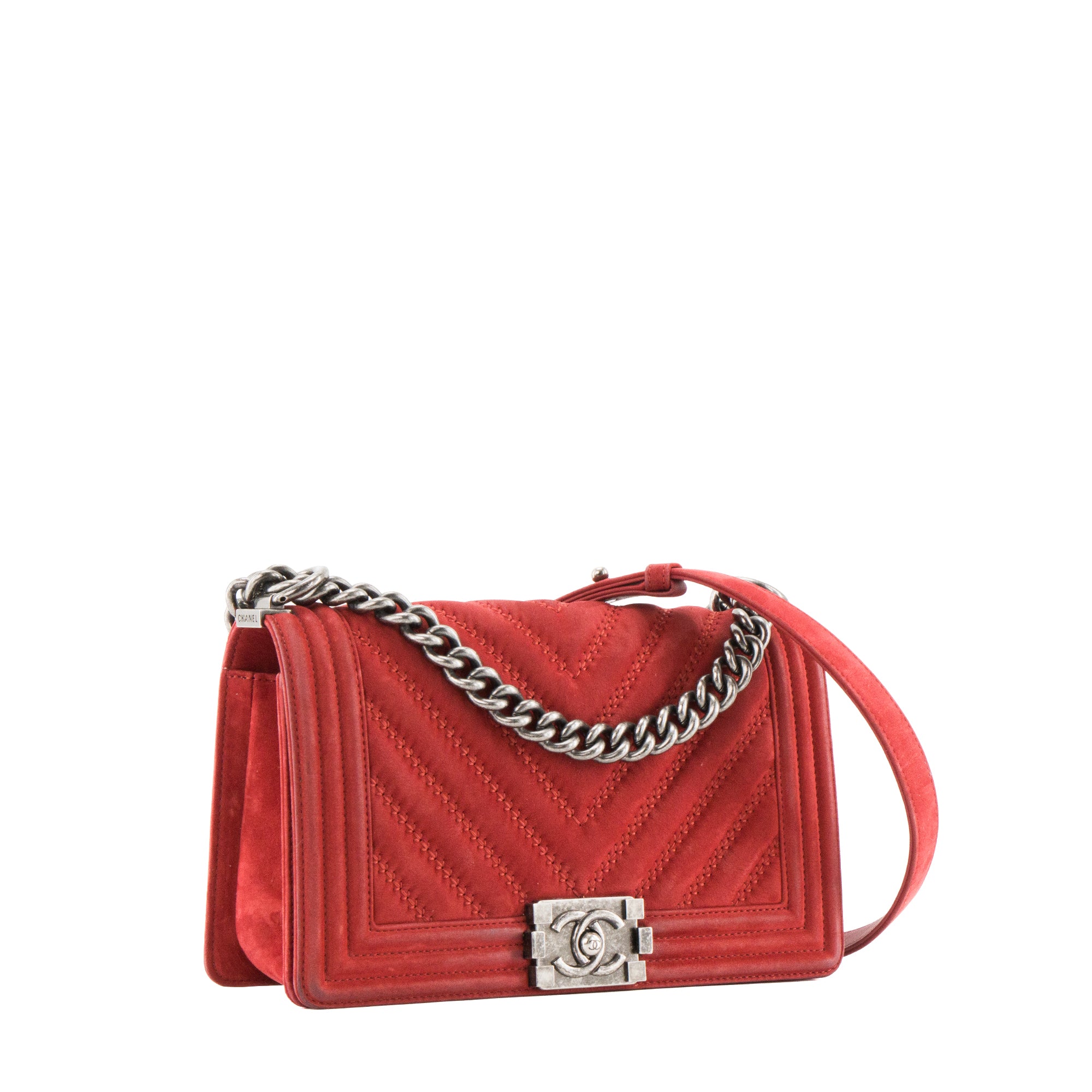 CHANEL - Sac à bandoulière Boy medium Chanel en daim rouge