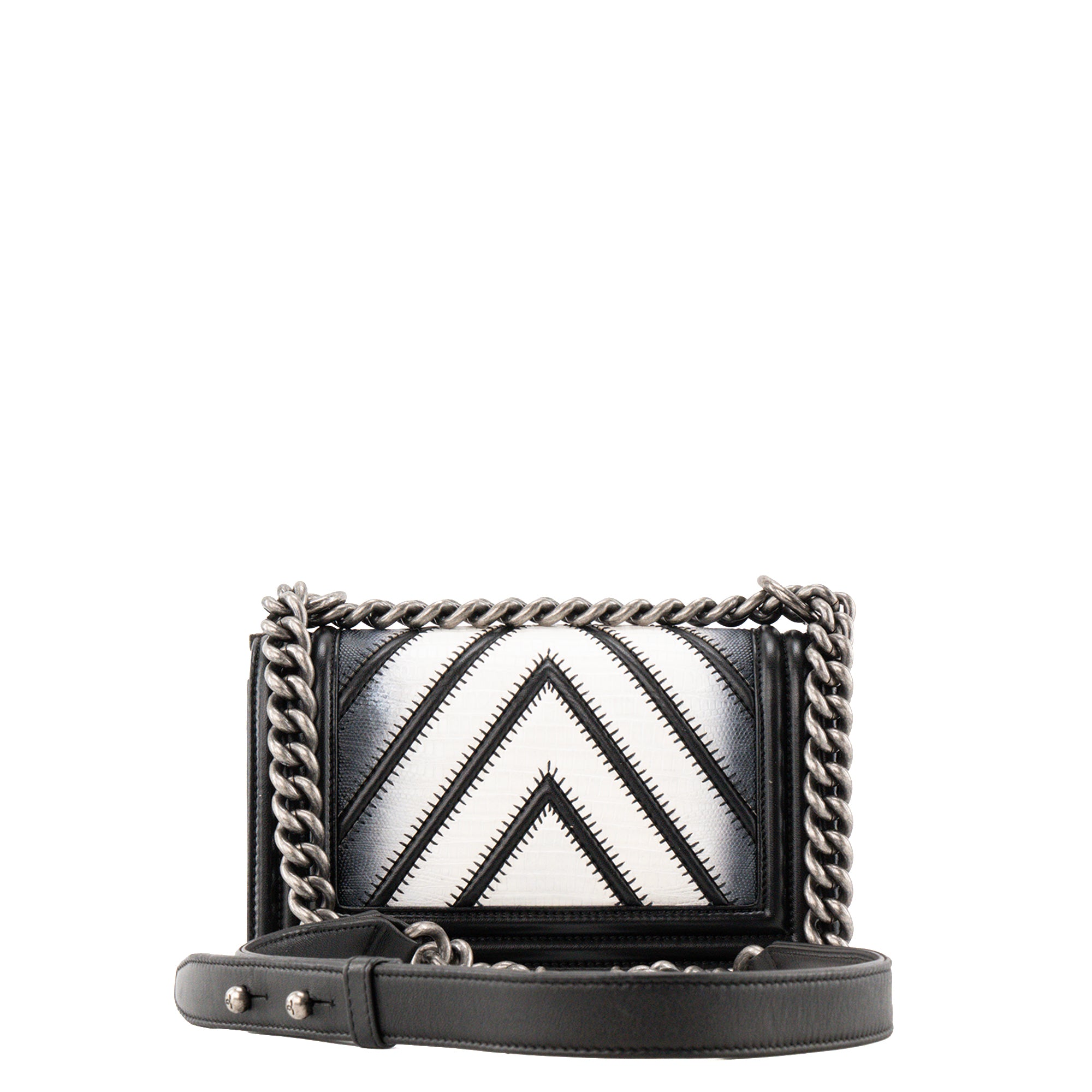 CHANEL - Sac à bandoulière Boy mini Chanel en cuir exotique lézard blanc et cuir lisse noir