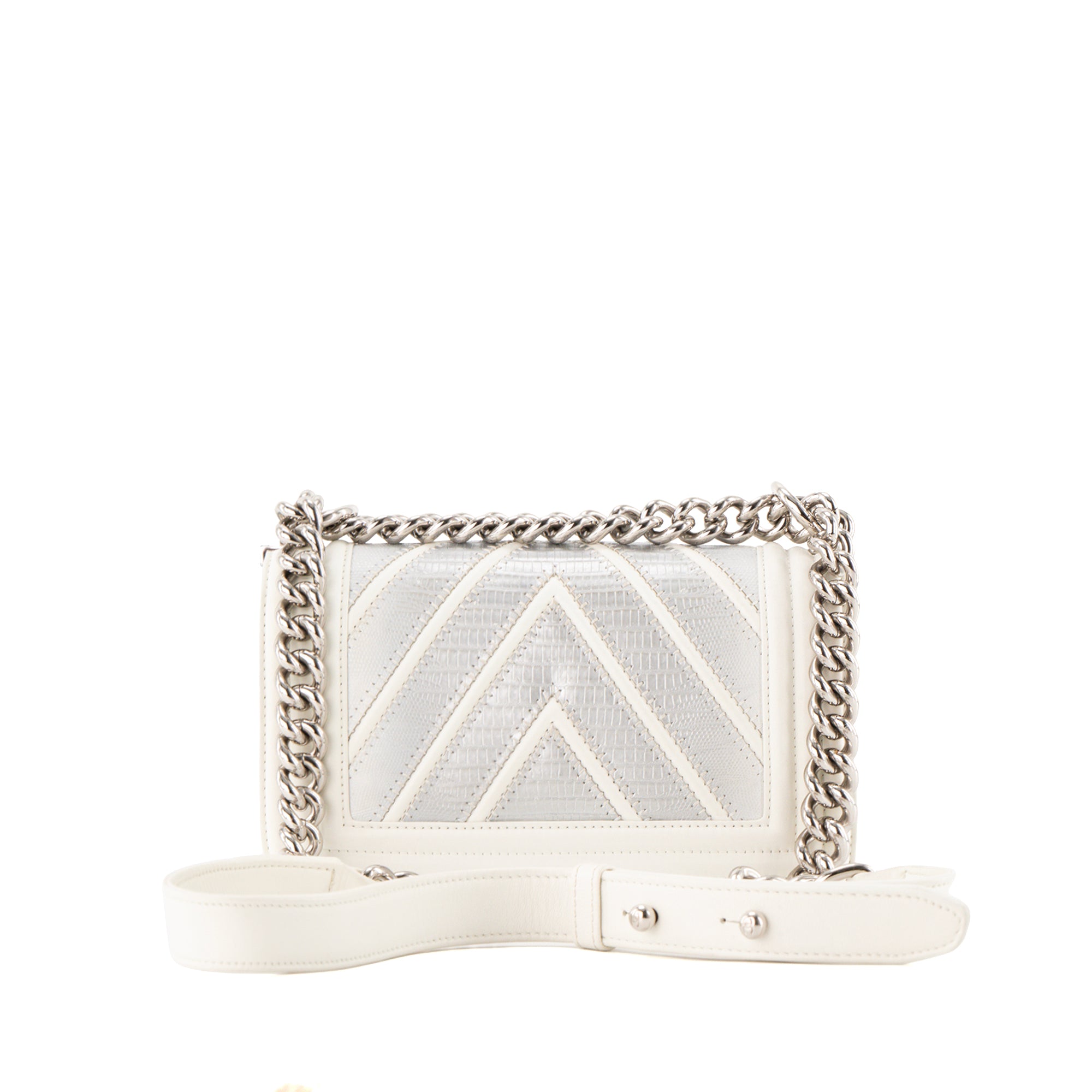 CHANEL - Sac à bandoulière Boy Mini Chanel en cuir lisse blanc et cuir exotique en lézard argenté
