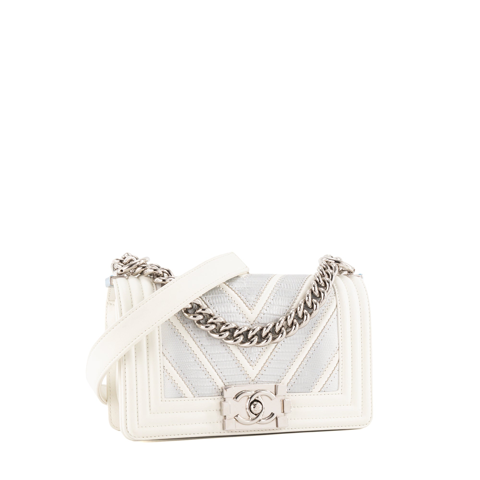 CHANEL - Sac à bandoulière Boy Mini Chanel en cuir lisse blanc et cuir exotique en lézard argenté