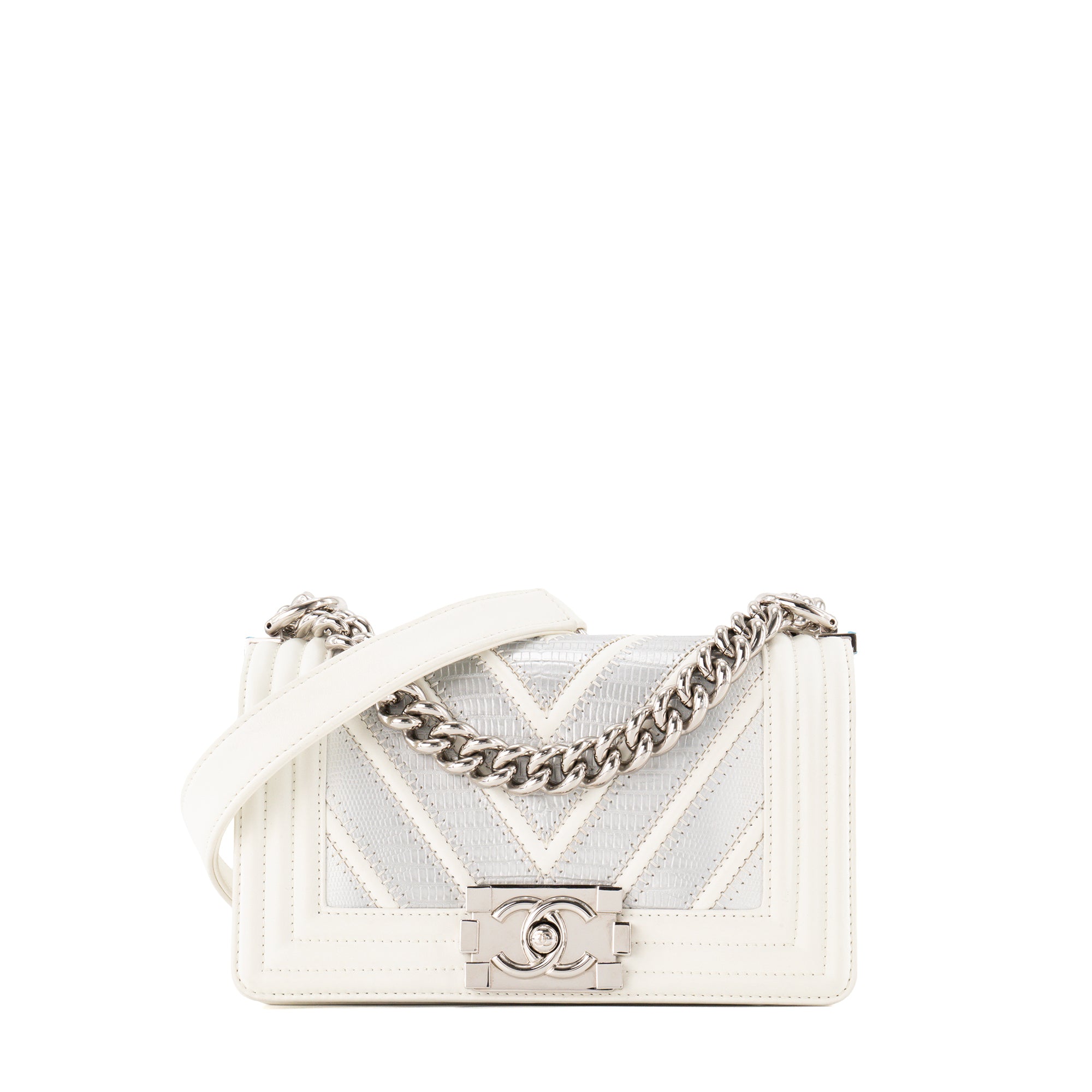 CHANEL - Sac à bandoulière Boy Mini Chanel en cuir lisse blanc et cuir exotique en lézard argenté