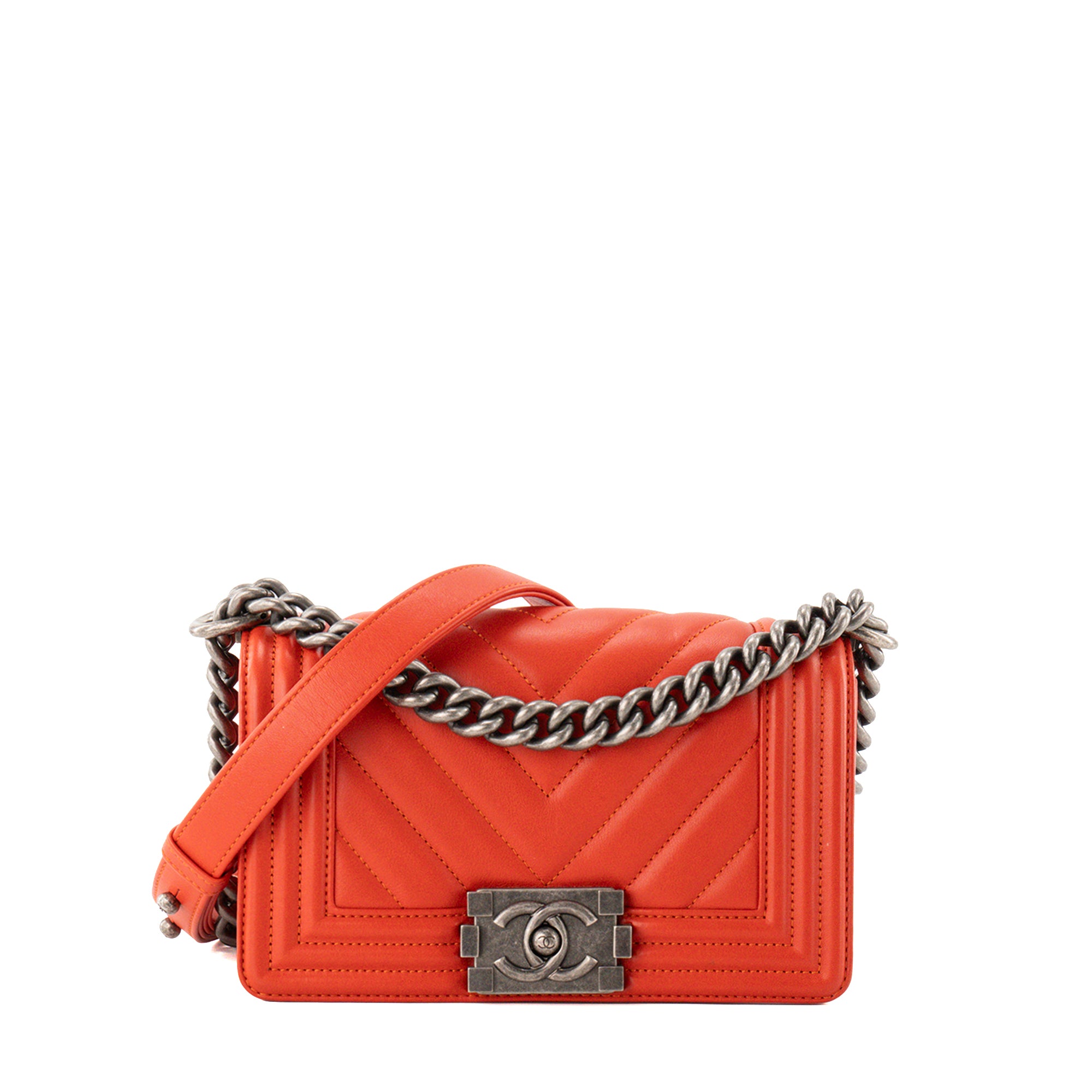 CHANEL - Sac à bandoulière Boy mini Chanel en cuir lisse orange