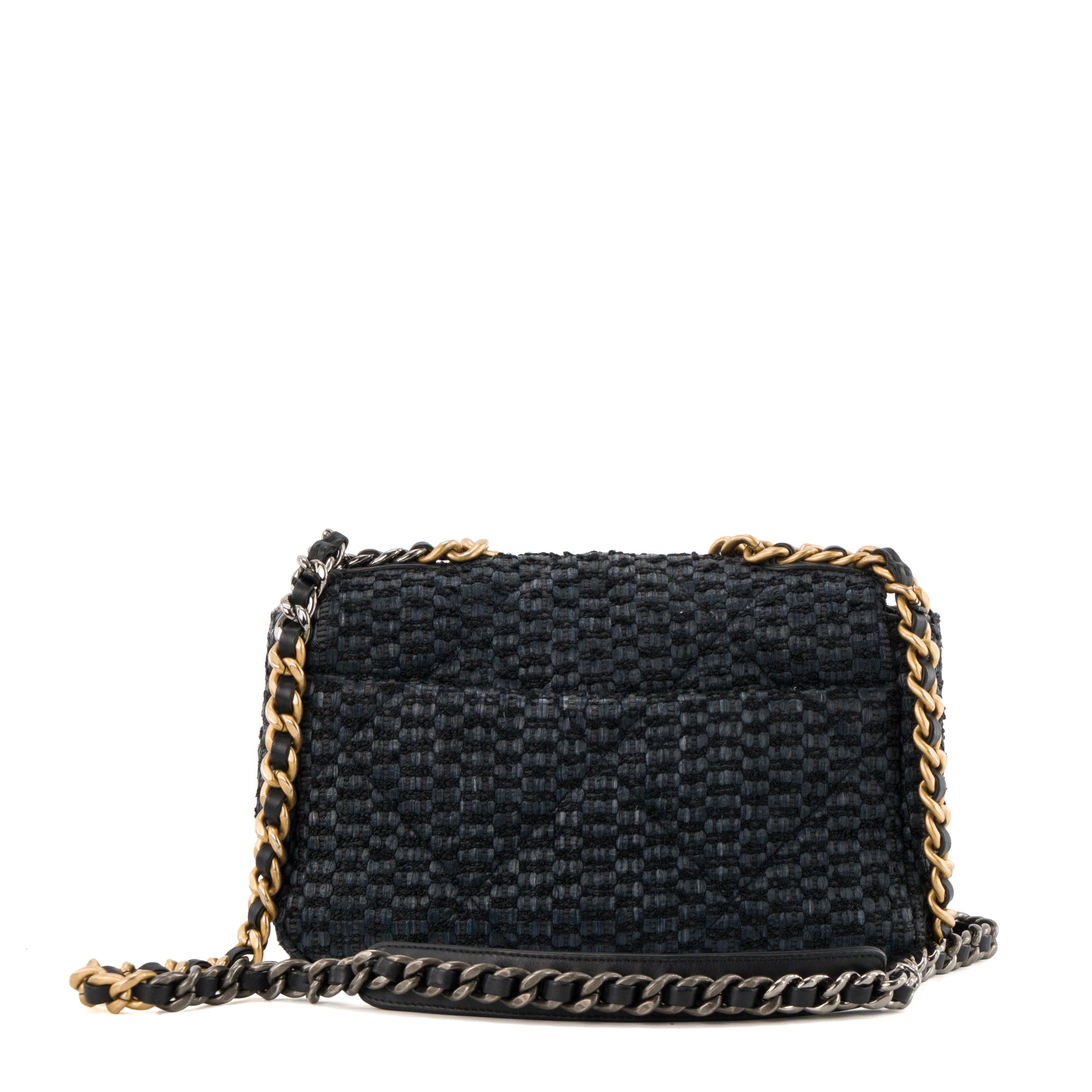 CHANEL - Sac à bandoulière Chanel 19 en raphia et tweed bleu marine et noir