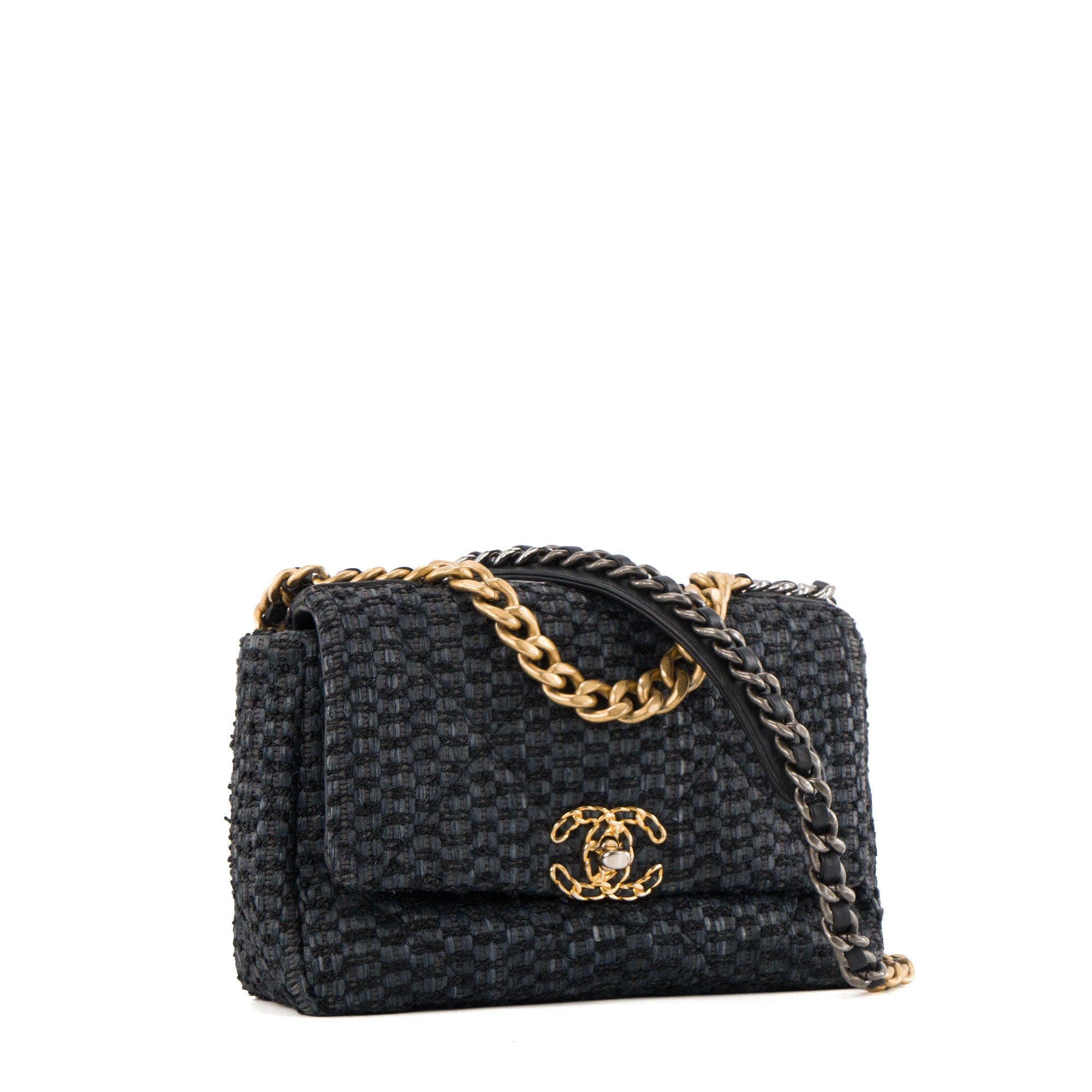 CHANEL - Sac à bandoulière Chanel 19 en raphia et tweed bleu marine et noir