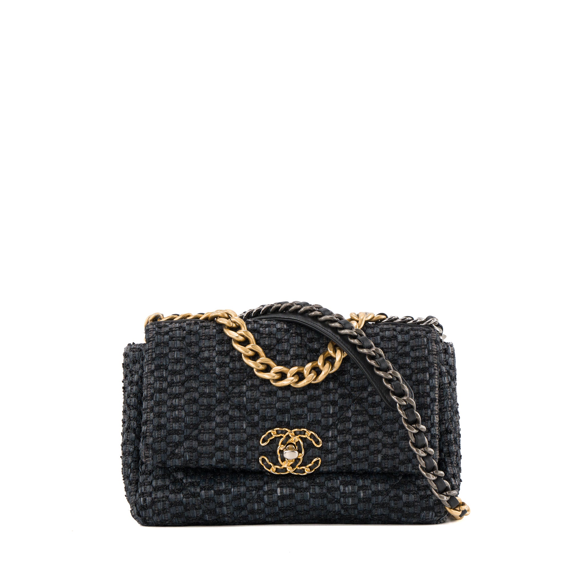 CHANEL - Sac à bandoulière Chanel 19 en raphia et tweed bleu marine et noir