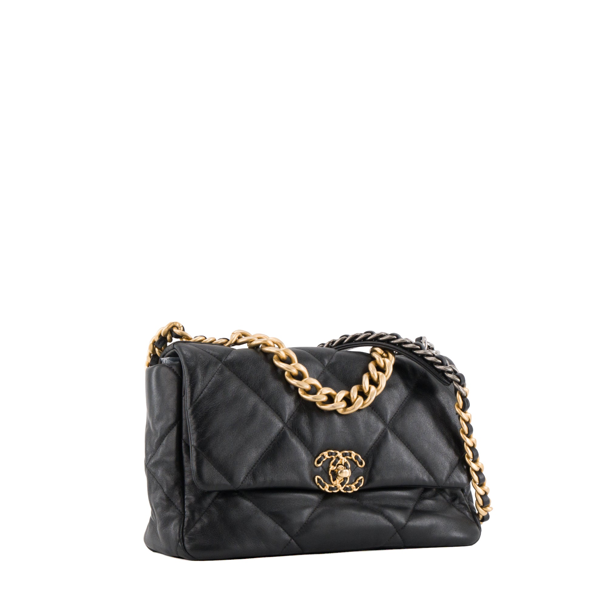CHANEL - Sac à bandoulière Chanel 19 grand modèle en cuir lisse noir