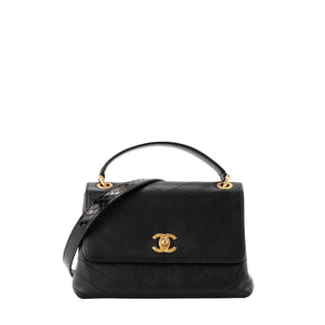 CHANEL - Sac à bandoulière Chevron Chic Top Handle Flap Bag Medium Chanel en cuir chevron et cuir exotique python noir