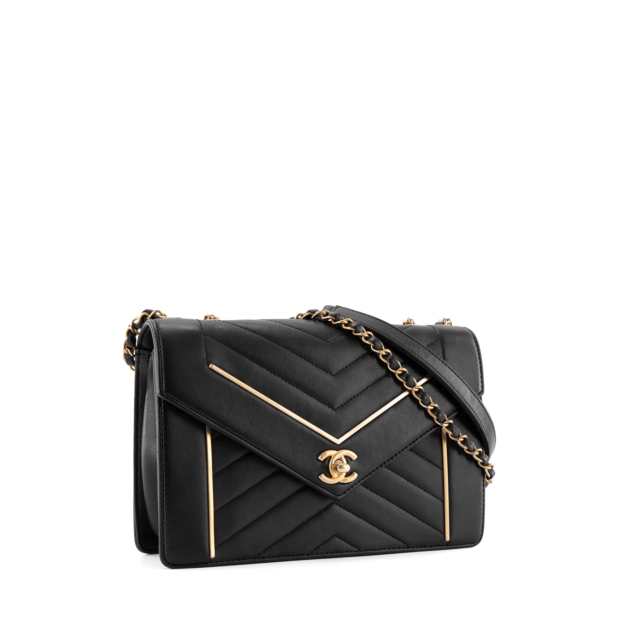 CHANEL - Sac à bandoulière Chevron Flap Chanel en cuir lisse noir édition limitée