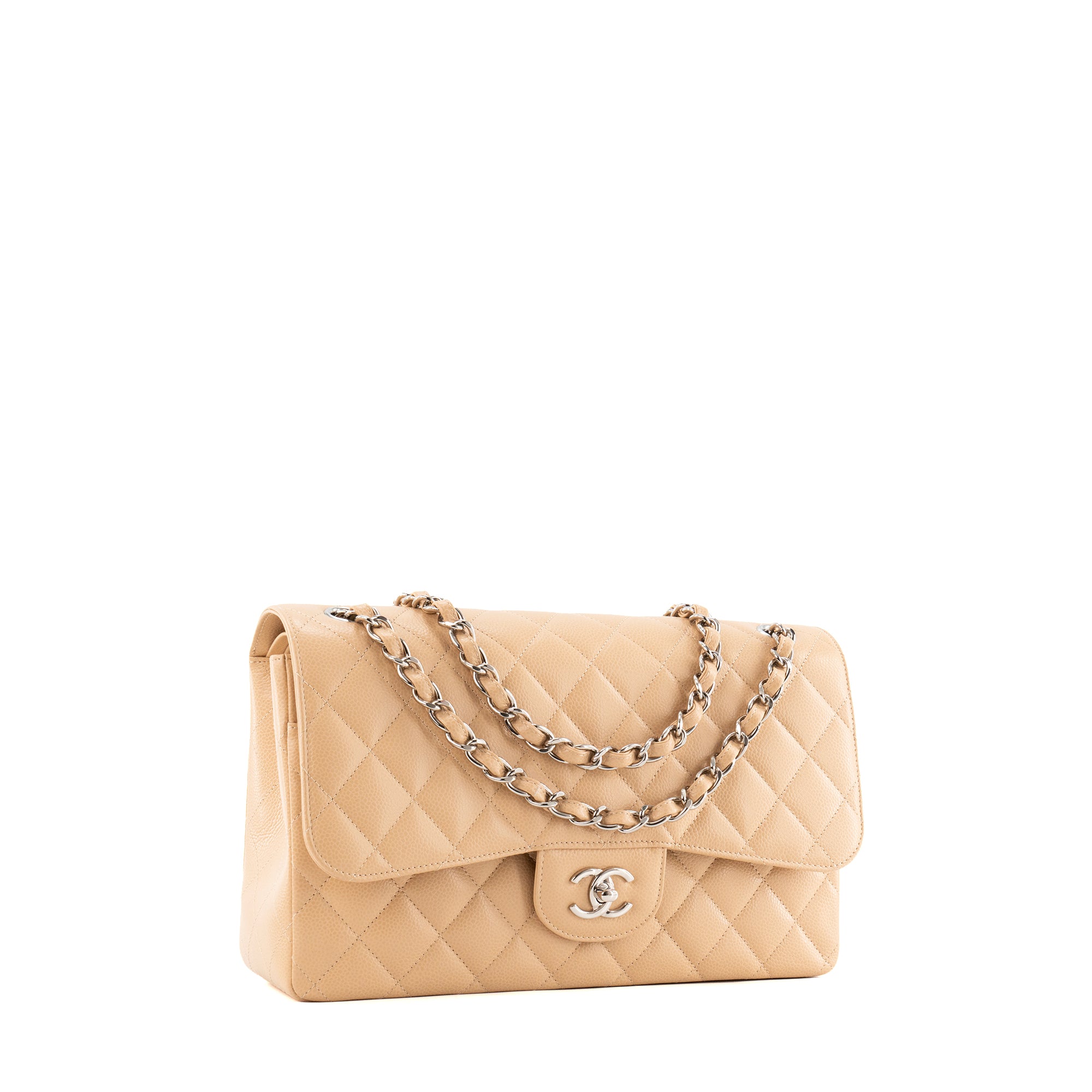 CHANEL - Sac à bandoulière Classique/Timeless Jumbo Chanel en cuir caviar beige