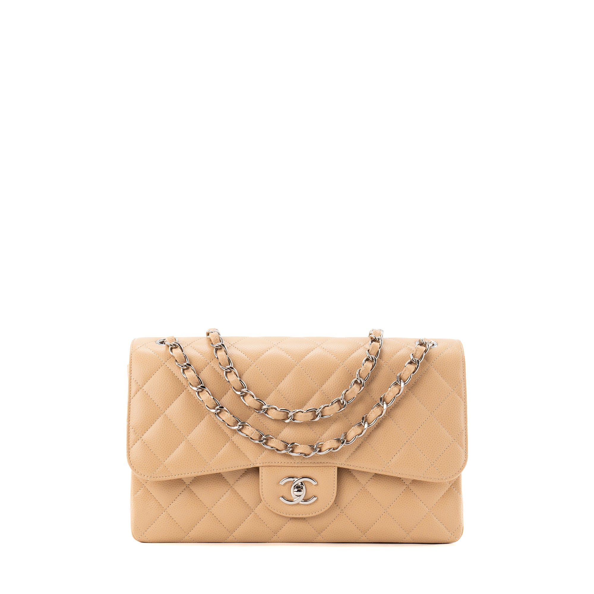CHANEL - Sac à bandoulière Classique/Timeless Jumbo Chanel en cuir caviar beige