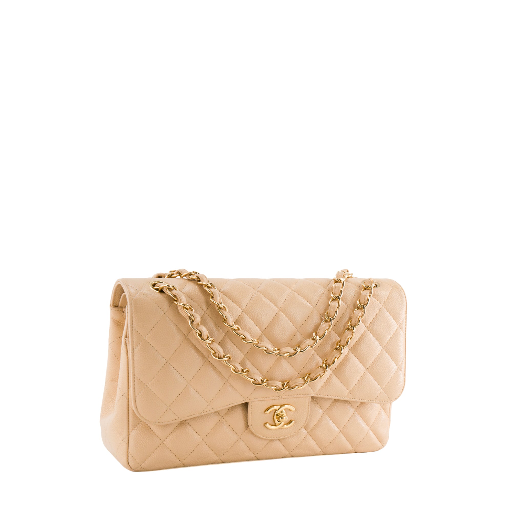 CHANEL - Sac à bandoulière Classique/Timeless Jumbo Chanel en cuir caviar beige