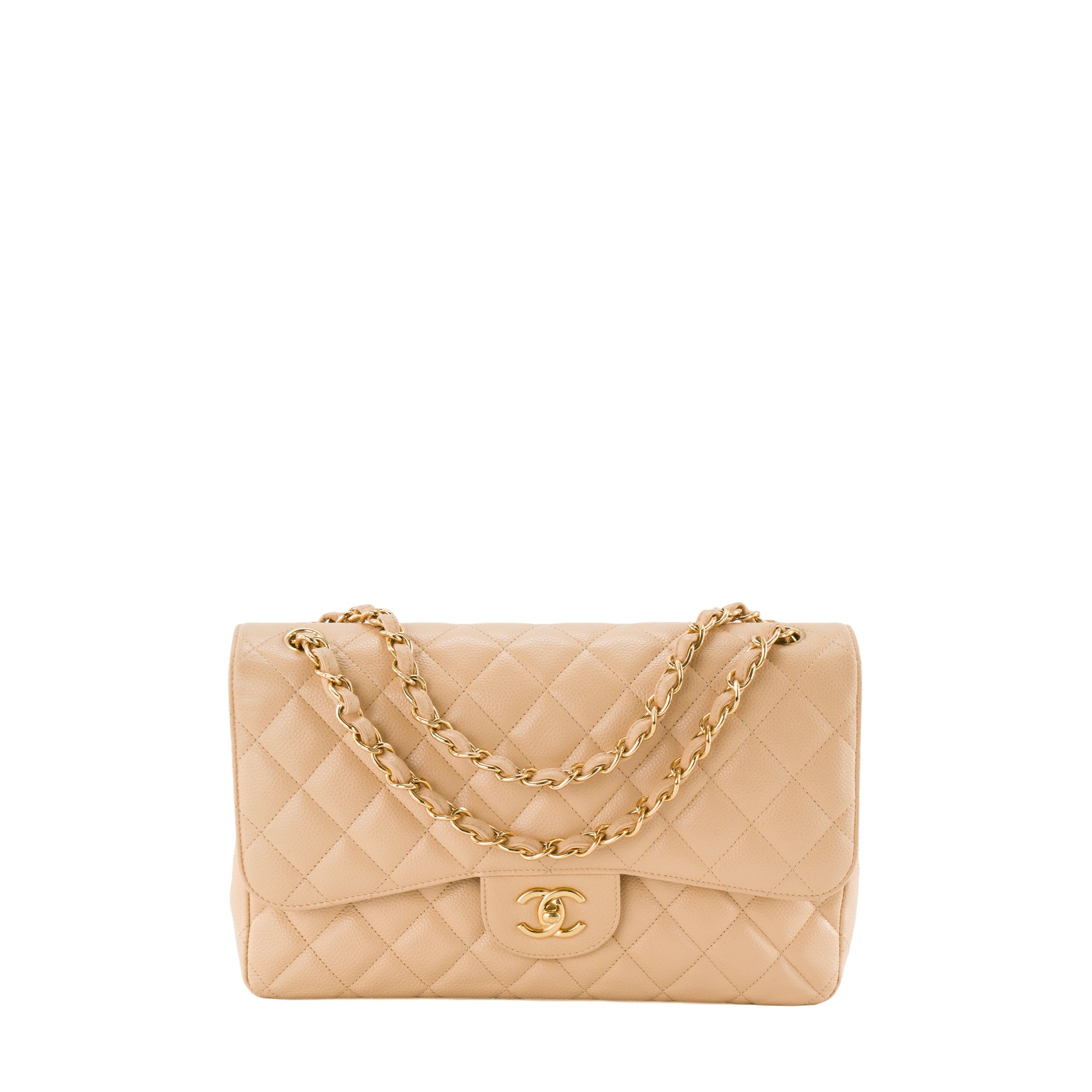 CHANEL - Sac à bandoulière Classique/Timeless Jumbo Chanel en cuir caviar beige
