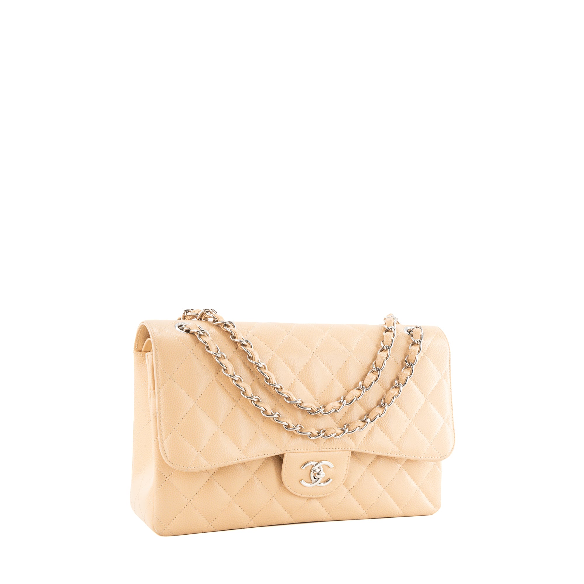 CHANEL - Sac à bandoulière Classique/Timeless Jumbo Chanel en cuir caviar beige