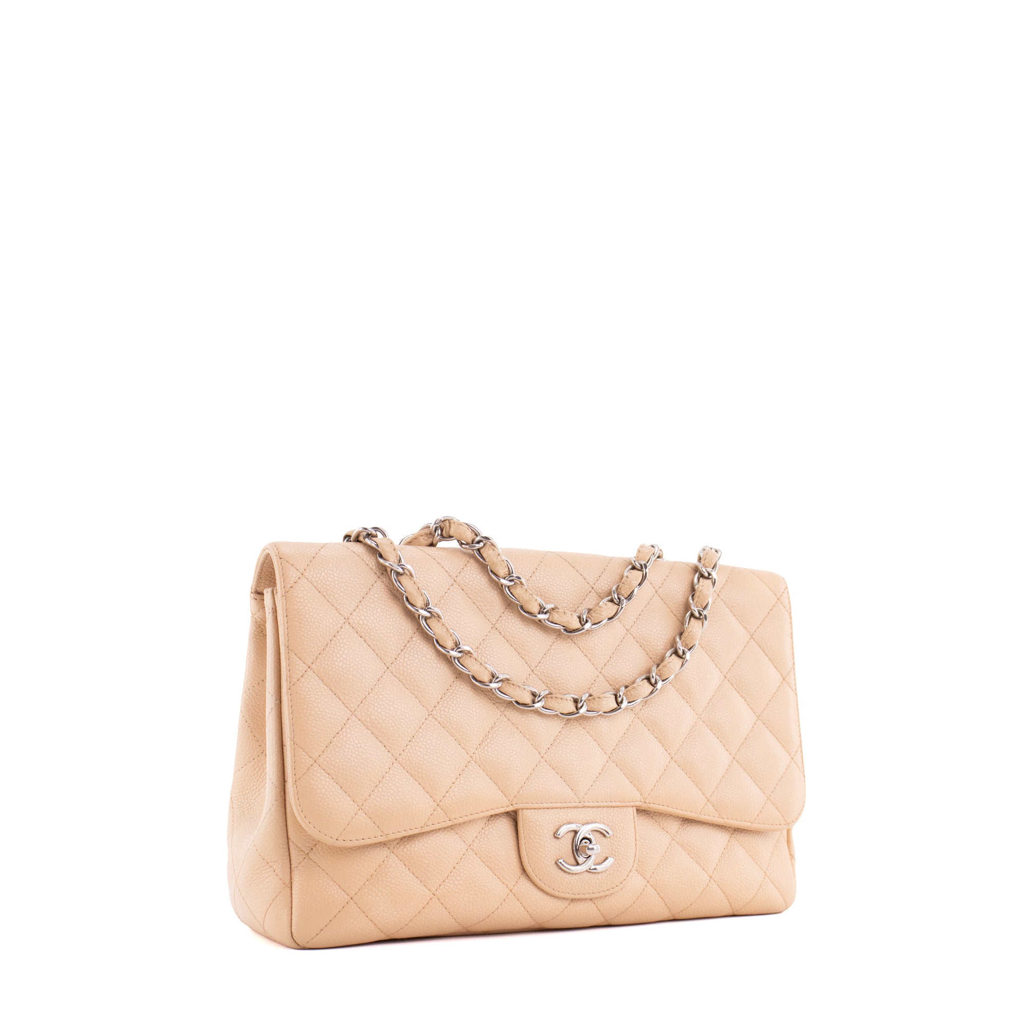 CHANEL - Sac à bandoulière Classique/Timeless Jumbo Chanel en cuir caviar beige