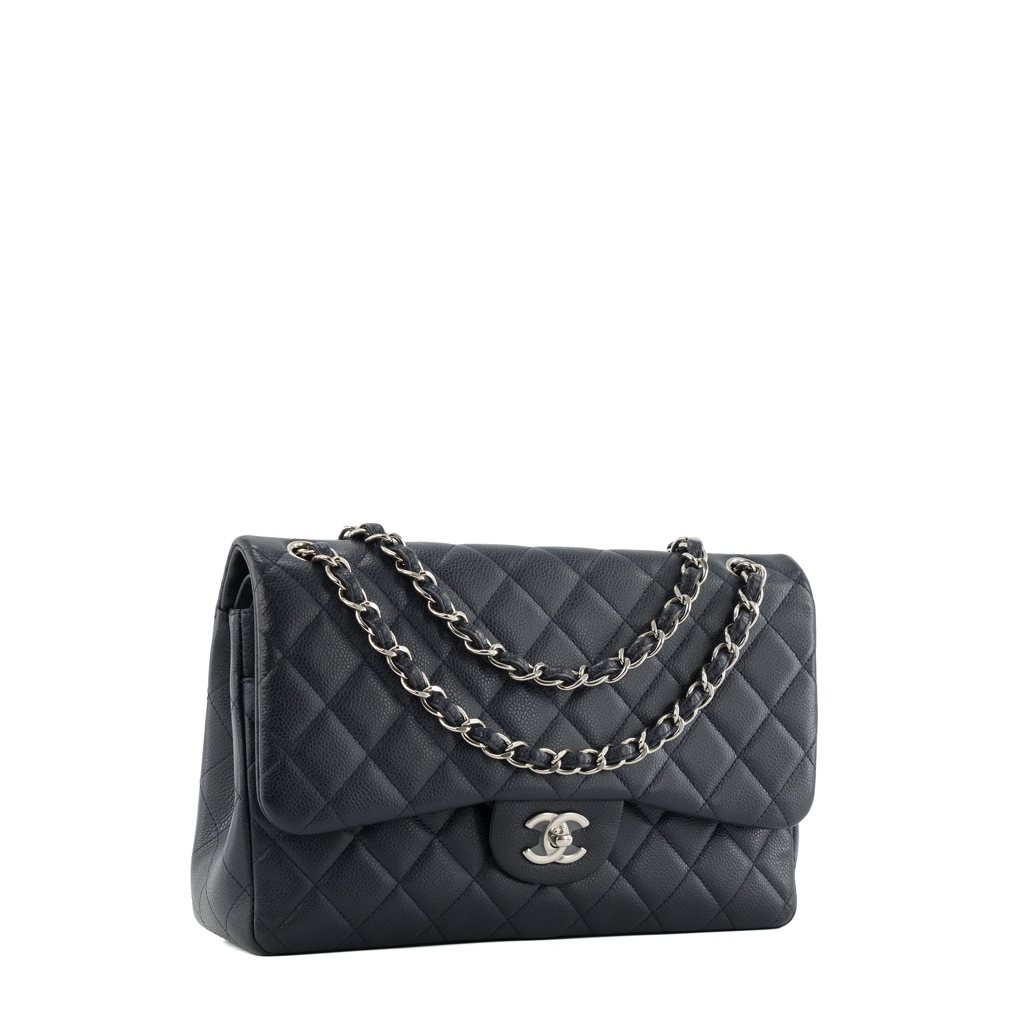 CHANEL - Sac à bandoulière Classique/Timeless Jumbo Chanel en cuir caviar bleu marine