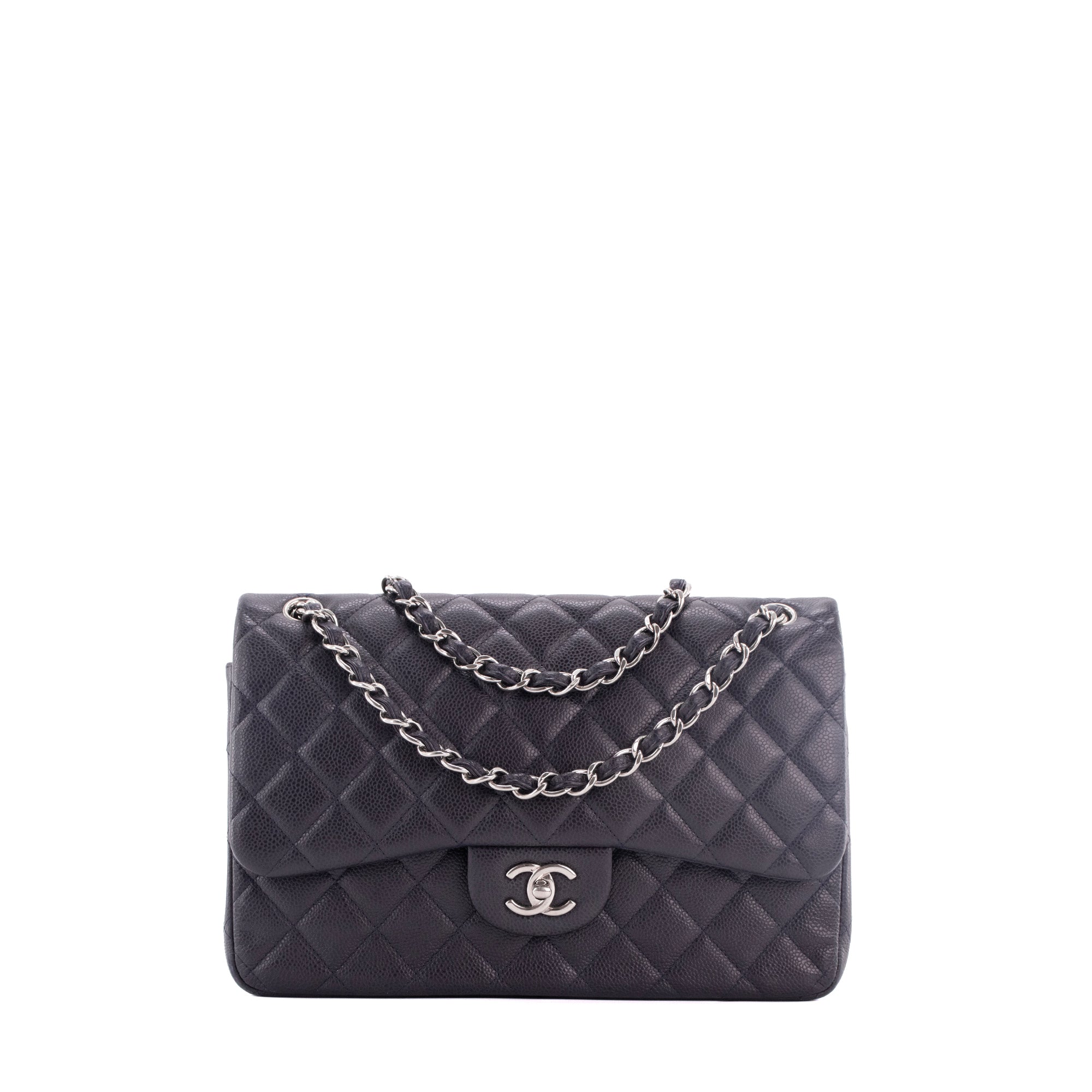 CHANEL - Sac à bandoulière Classique/Timeless Jumbo Chanel en cuir caviar bleu marine