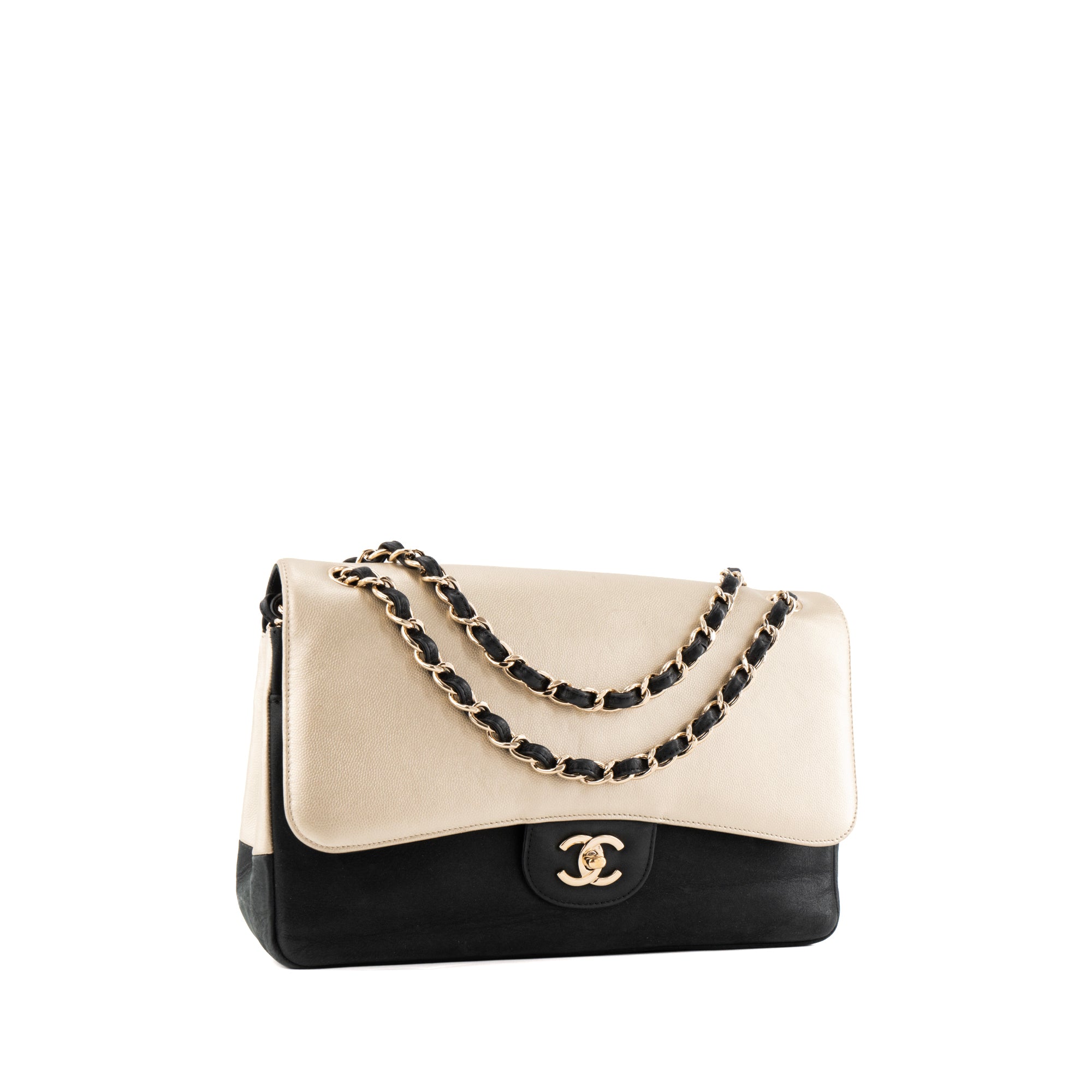 CHANEL - Jumbo bicolour black and gold caviar leather bag