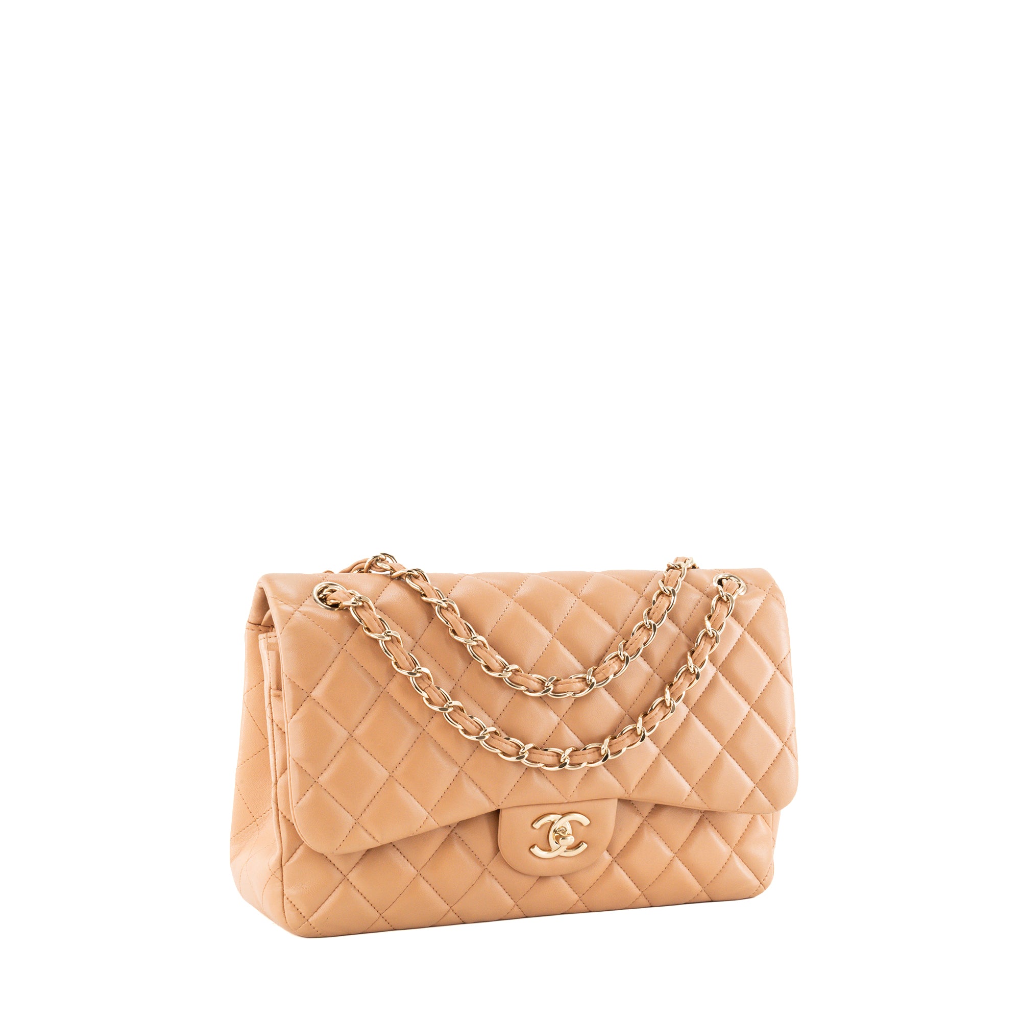 CHANEL - Sac à bandoulière Classique/Timeless Jumbo Chanel en cuir lisse beige