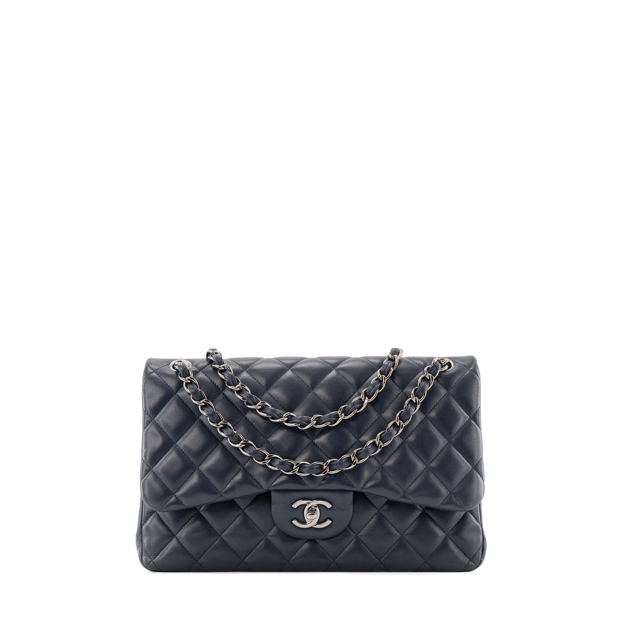 CHANEL - Sac à bandoulière Classique/Timeless Jumbo Chanel en cuir lisse bleu marine