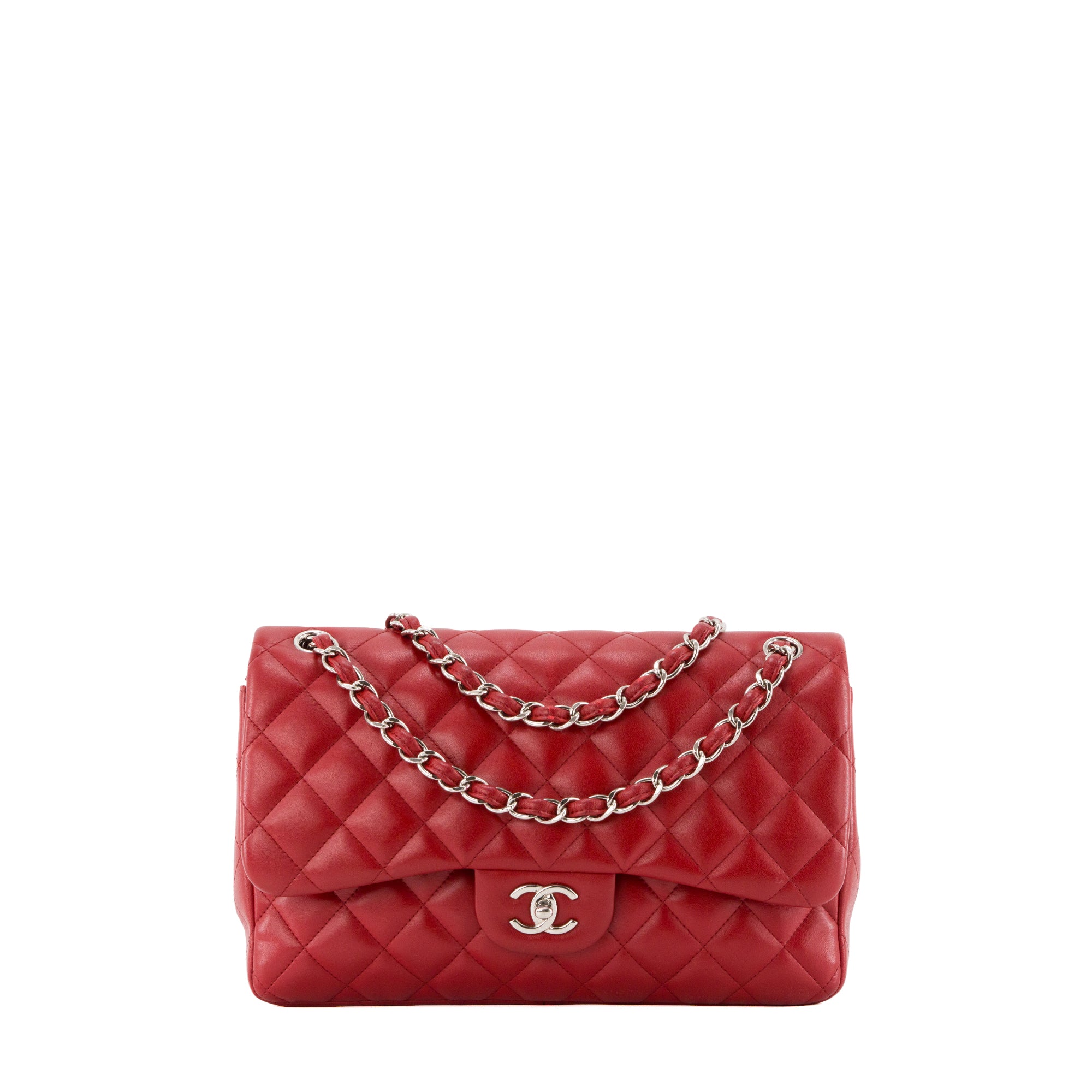 CHANEL - Sac à bandoulière Classique/Timeless Jumbo Chanel en cuir lisse rouge