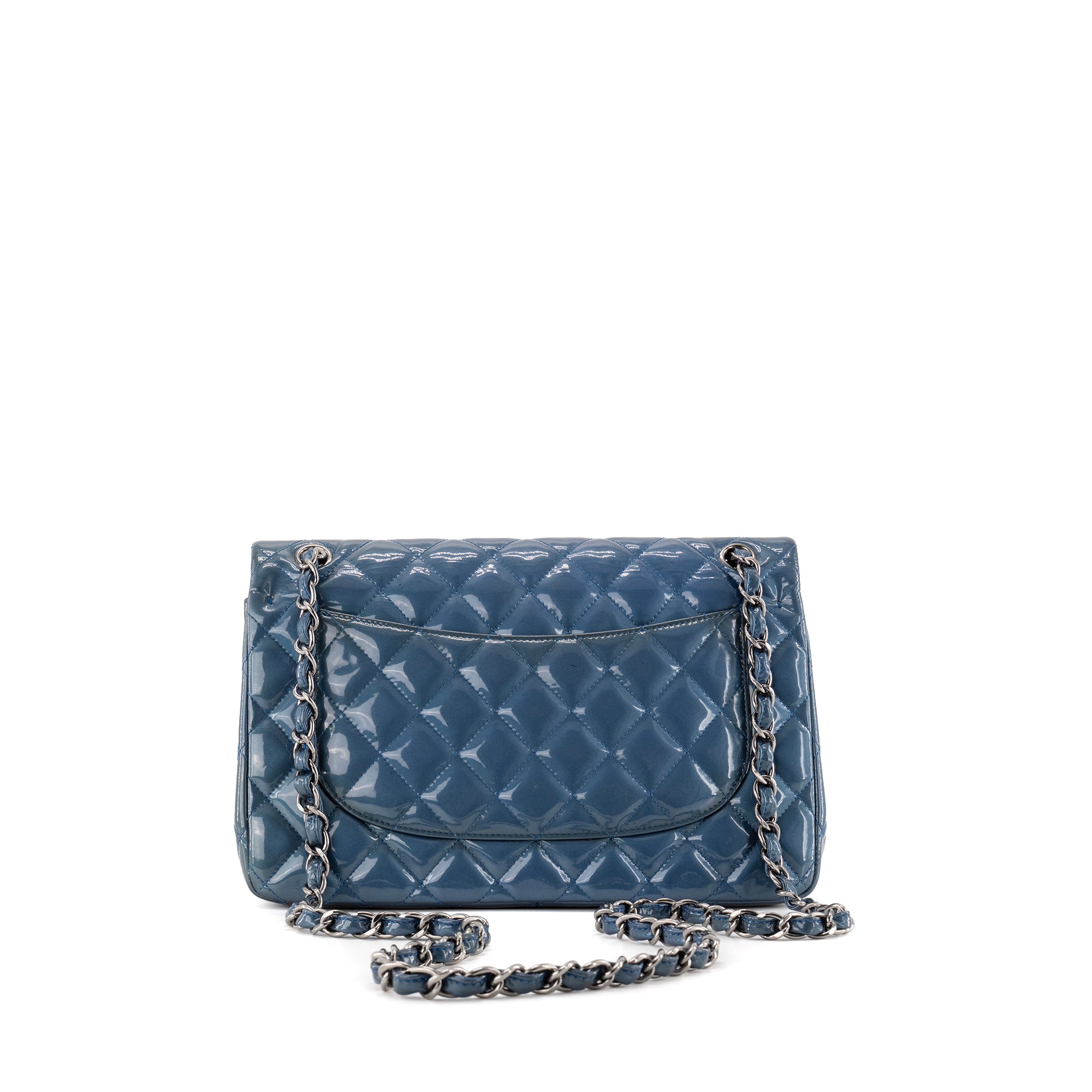 CHANEL - Sac à bandoulière Classique/Timeless Jumbo Chanel en cuir verni bleu