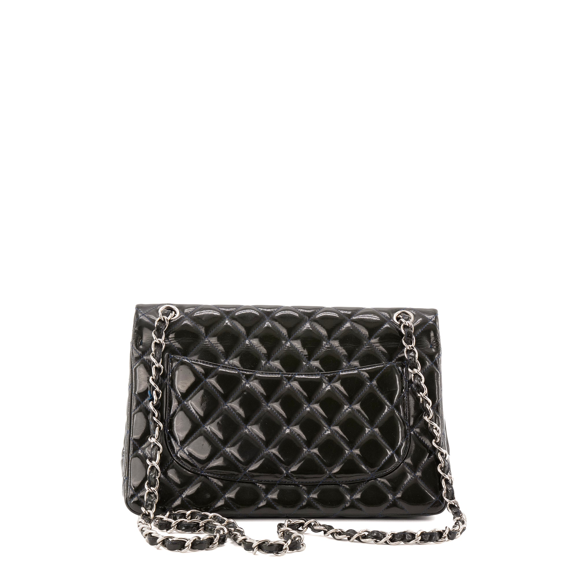 CHANEL - Sac à bandoulière Classique/Timeless Jumbo Chanel en cuir verni kaki